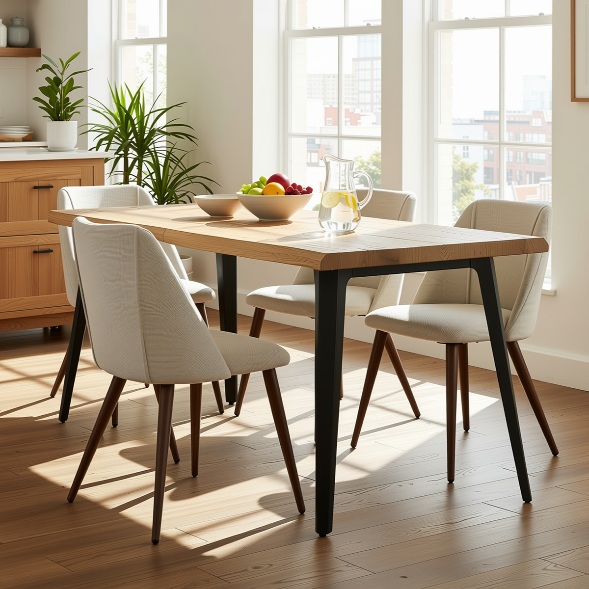 Homy Casa LANCELOT+KALI 5PC Dining Set 63" Table with 4 Kali Beige Fabric Chairs, Light Wood Grain & Walnut Finish