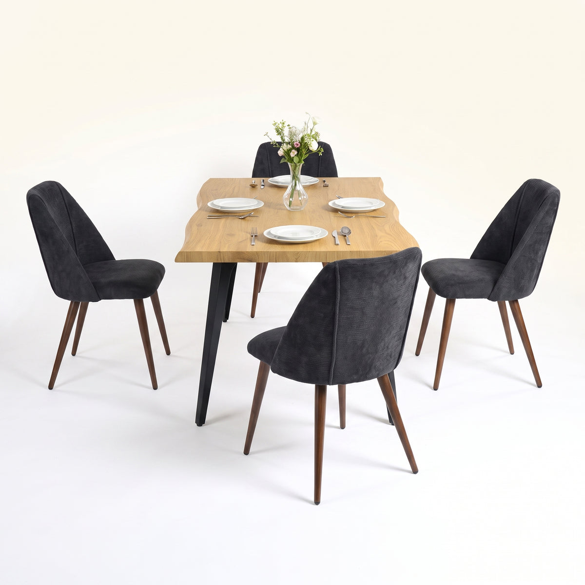 Homy Casa LANCELOT+KALI 5PC Dining Set 63" Table with 4 Kali Charcoal Fabric Chairs Walnut Metal Legs