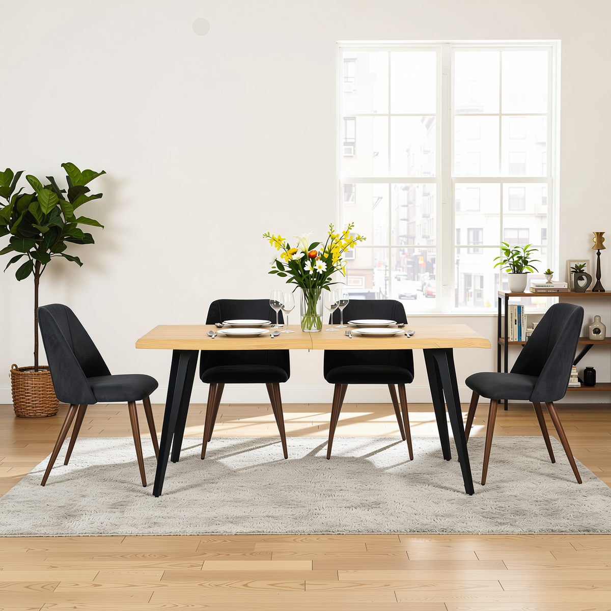 Homy Casa LANCELOT+KALI 5PC Dining Set 63" Table with 4 Kali Charcoal Fabric Chairs Walnut Metal Legs