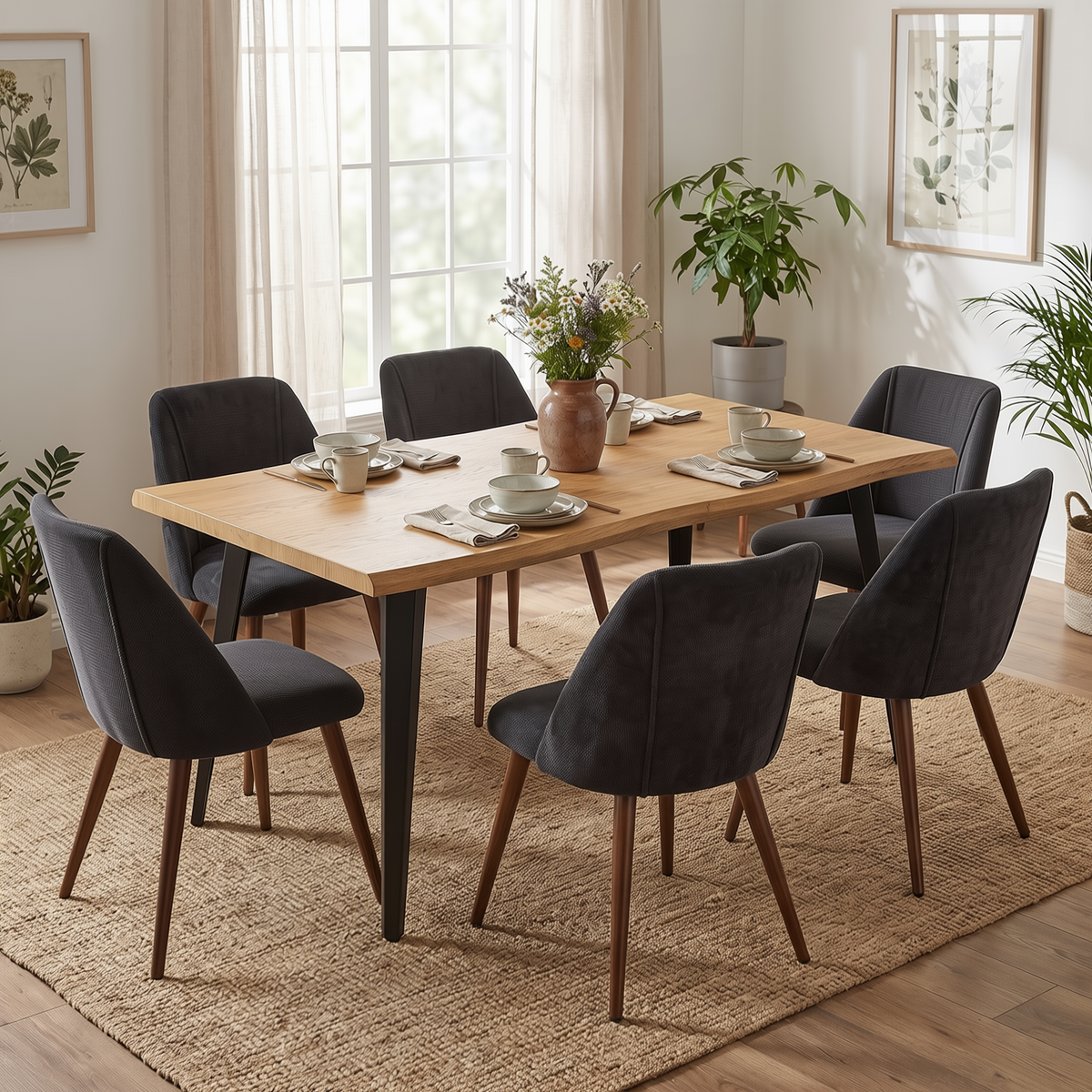 Homy Casa LANCELOT+KALI 7PC Dining Set 63" Table with 6 Upholstered Chairs Walnut Finish
