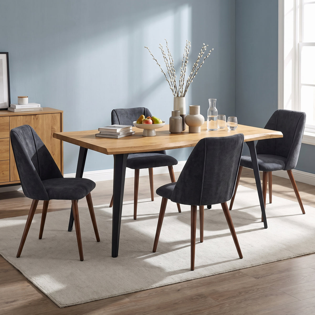 Homy Casa LANCELOT+KALI 5PC Dining Set 63" Table with 4 Kali Charcoal Fabric Chairs Walnut Metal Legs