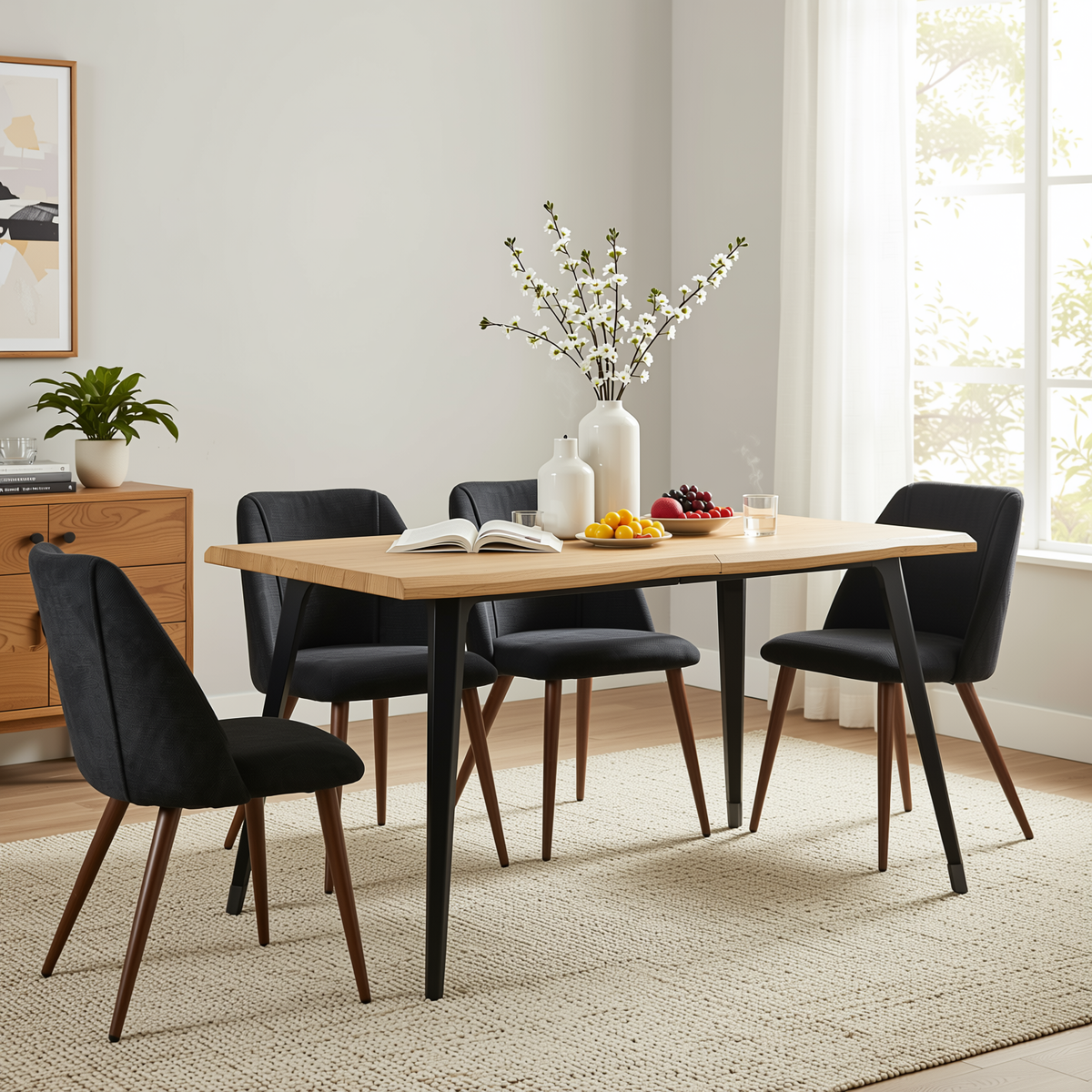 Homy Casa LANCELOT+KALI 5PC Dining Set 63" Table with 4 Kali Charcoal Fabric Chairs Walnut Metal Legs