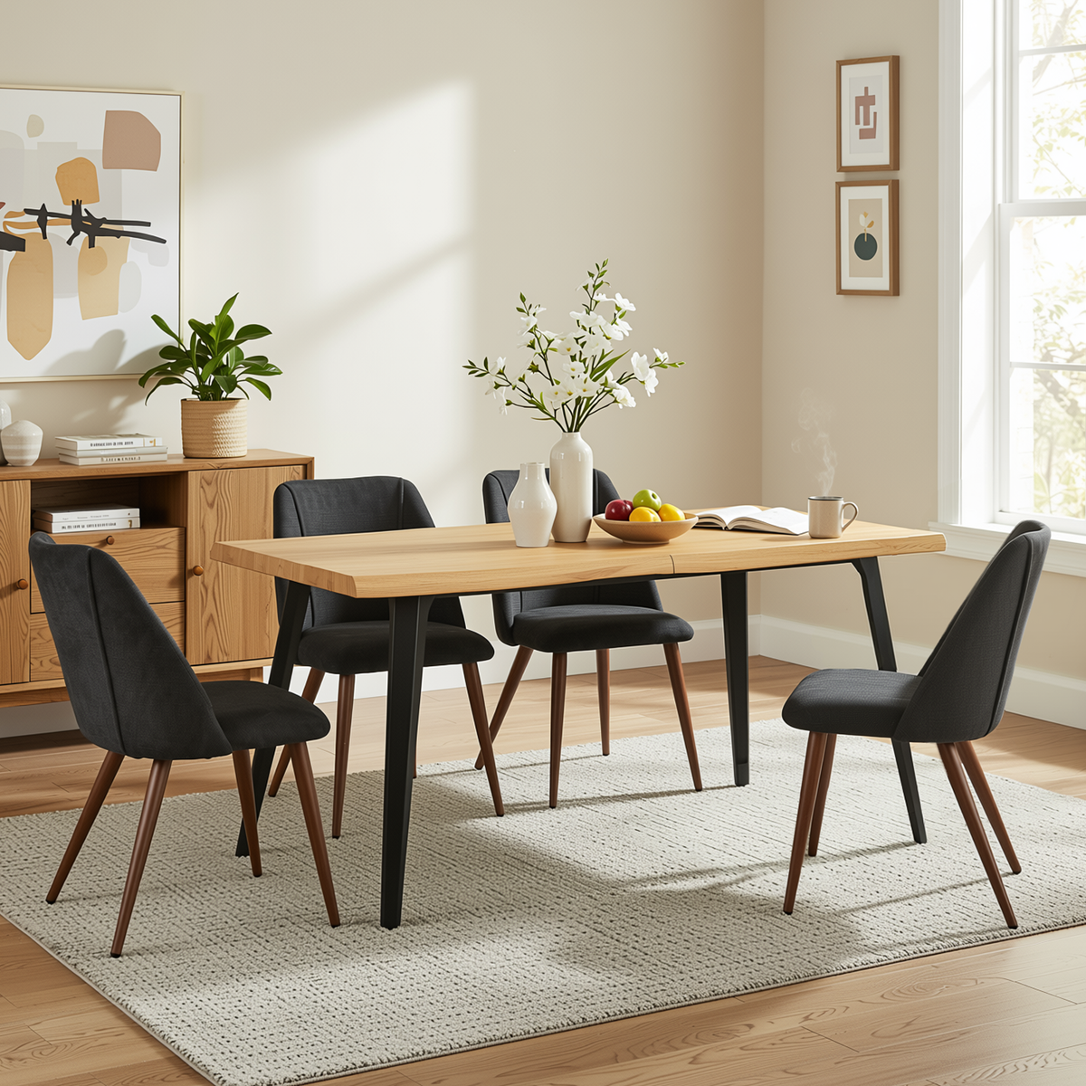 Homy Casa LANCELOT+KALI 5PC Dining Set 63" Table with 4 Kali Charcoal Fabric Chairs Walnut Metal Legs