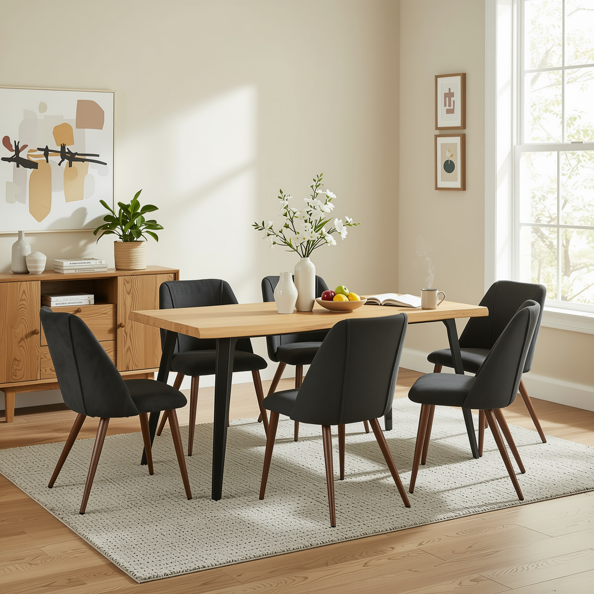 Homy Casa LANCELOT+KALI 7PC Dining Set 63" Table with 6 Upholstered Chairs Walnut Finish