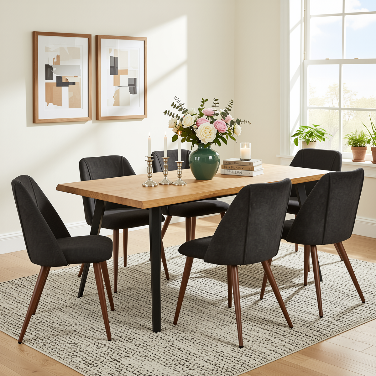 Homy Casa LANCELOT+KALI 7PC Dining Set 63" Table with 6 Upholstered Chairs Walnut Finish