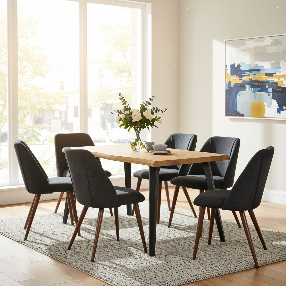 Homy Casa LANCELOT+KALI 7PC Dining Set 63" Table with 6 Upholstered Chairs Walnut Finish