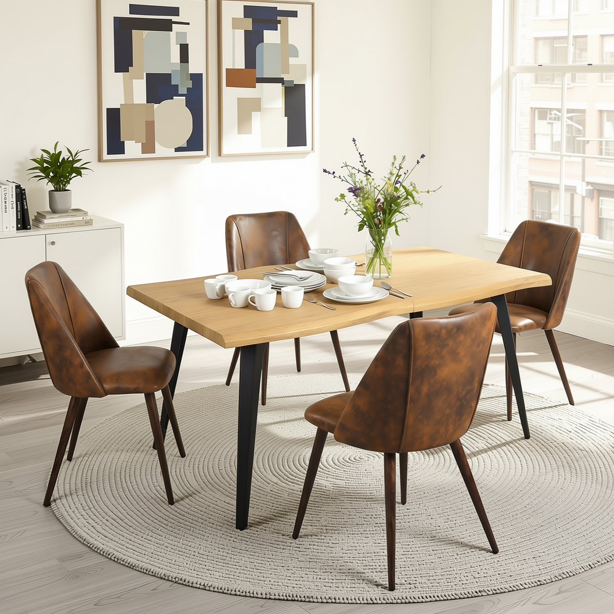 Homy Casa LANCELOT+KALI 5PC Dining Set 63" Table with 4 KALI Brown Suede Chairs Walnut Legs