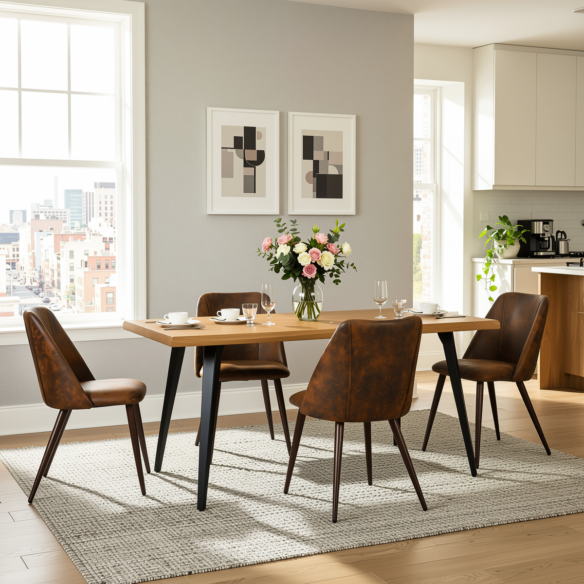 Homy Casa LANCELOT+KALI 5PC Dining Set 63" Table with 4 KALI Brown Suede Chairs Walnut Legs