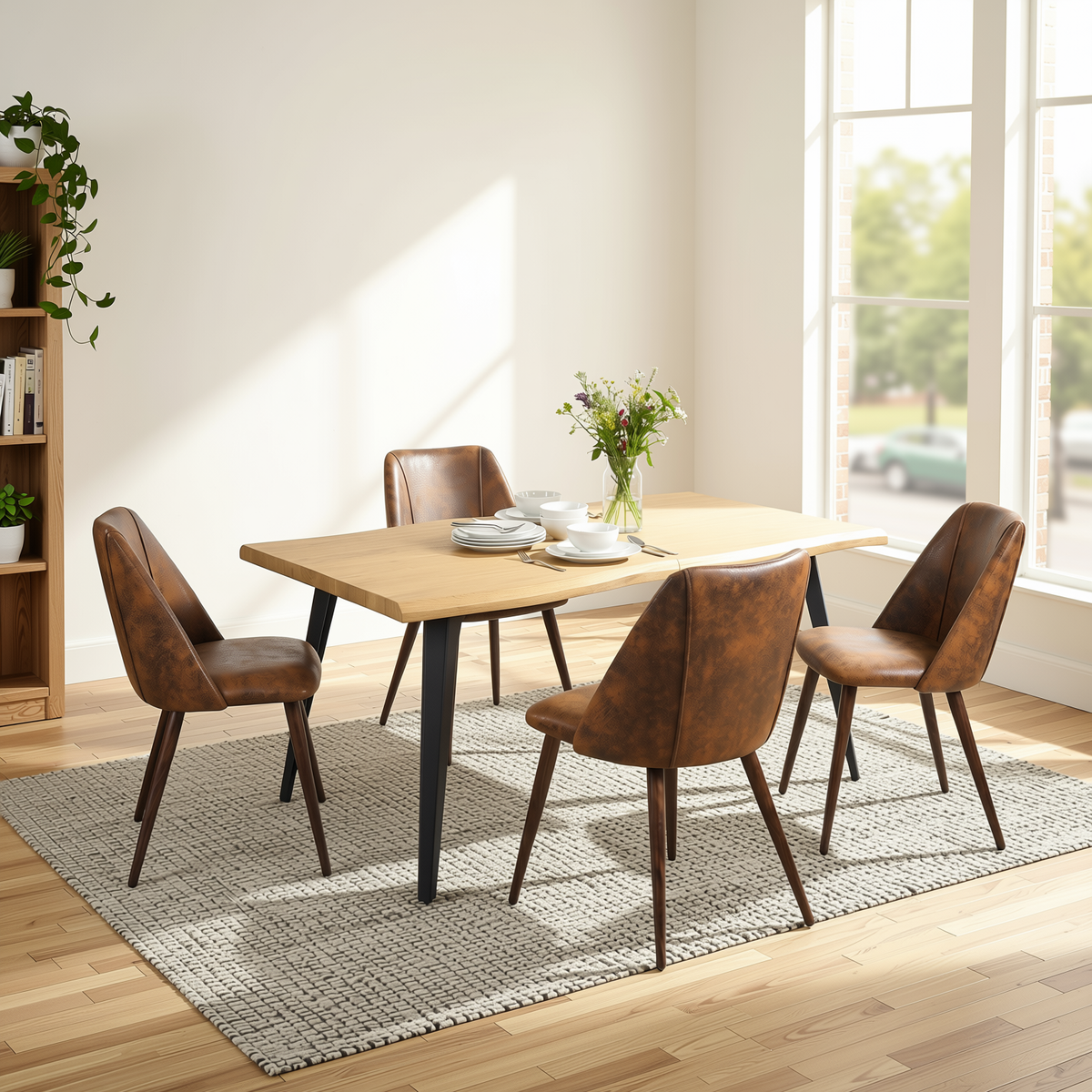 Homy Casa LANCELOT+KALI 5PC Dining Set 63" Table with 4 KALI Brown Suede Chairs Walnut Legs