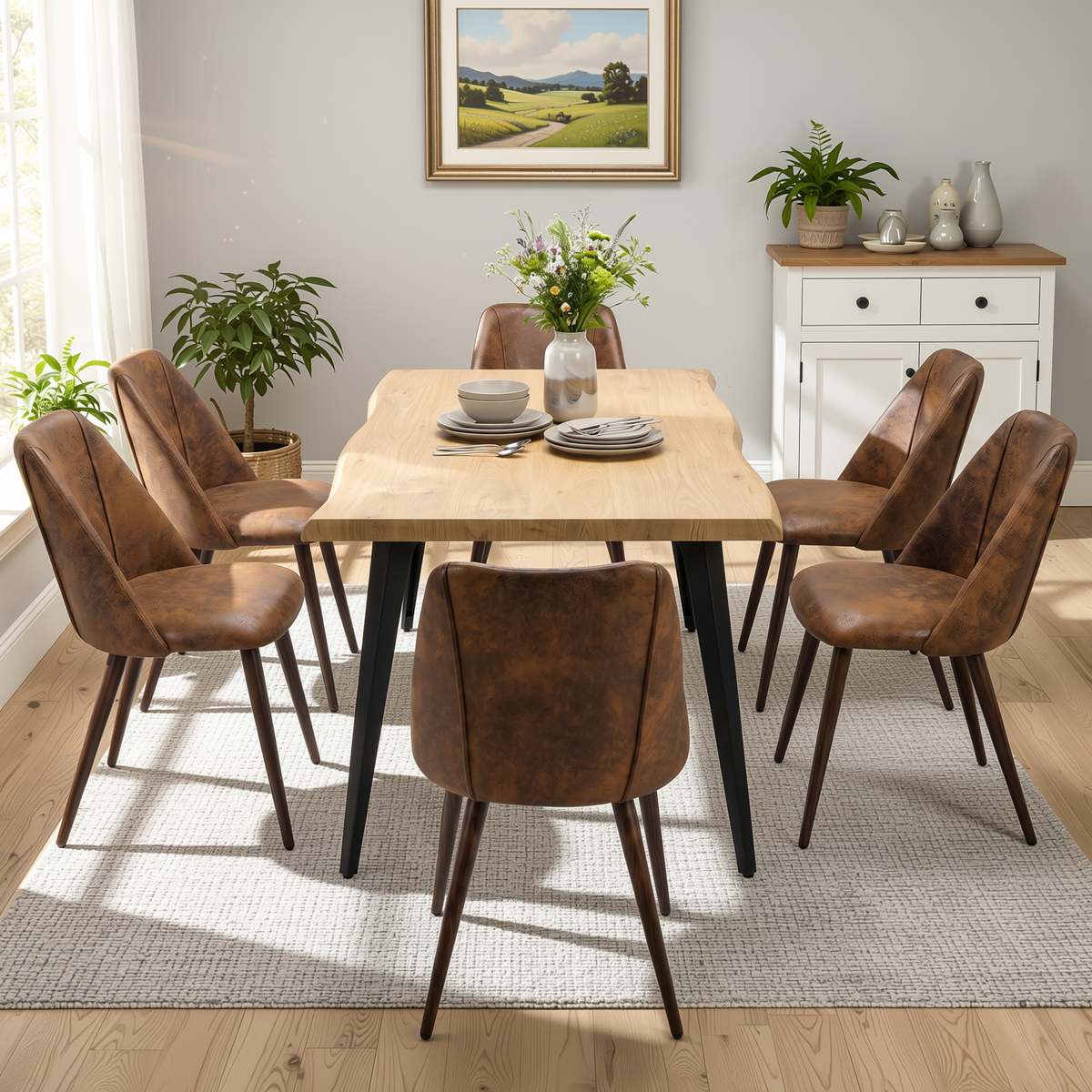 Homy Casa LANCELOT+KALI 7PC Dining Set 63" Table with 6 Faux Suede Chairs
