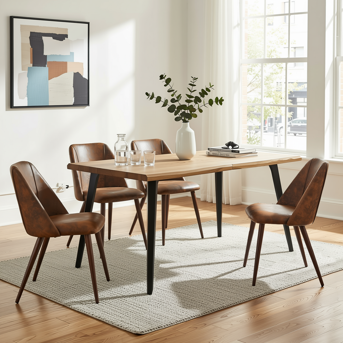 Homy Casa LANCELOT+KALI 5PC Dining Set 63" Table with 4 KALI Brown Suede Chairs Walnut Legs