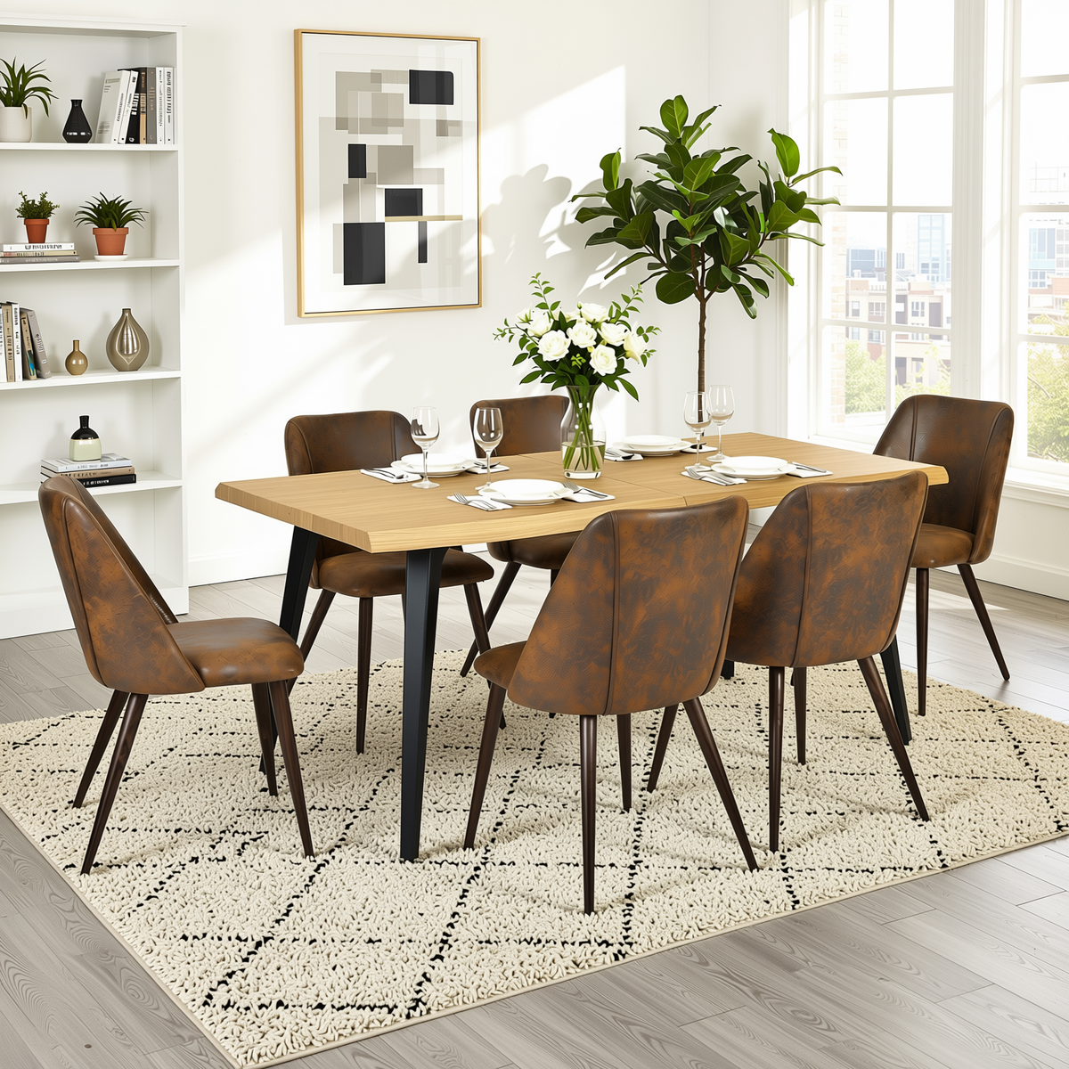 Homy Casa LANCELOT+KALI 7PC Dining Set 63" Table with 6 Faux Suede Chairs