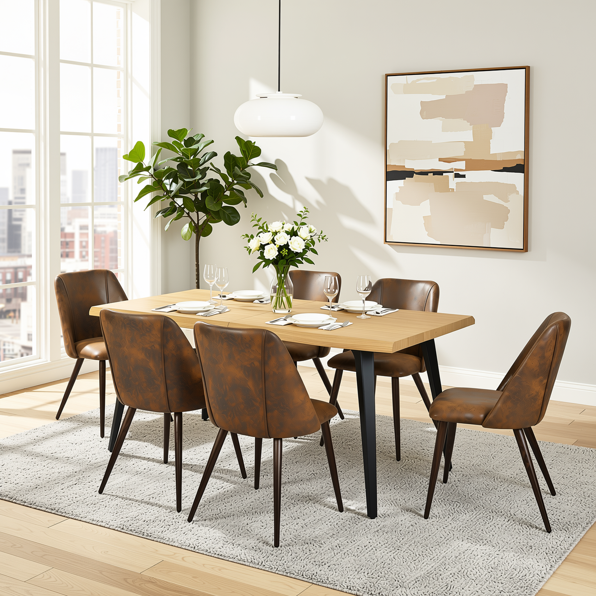 Homy Casa LANCELOT+KALI 7PC Dining Set 63" Table with 6 Faux Suede Chairs
