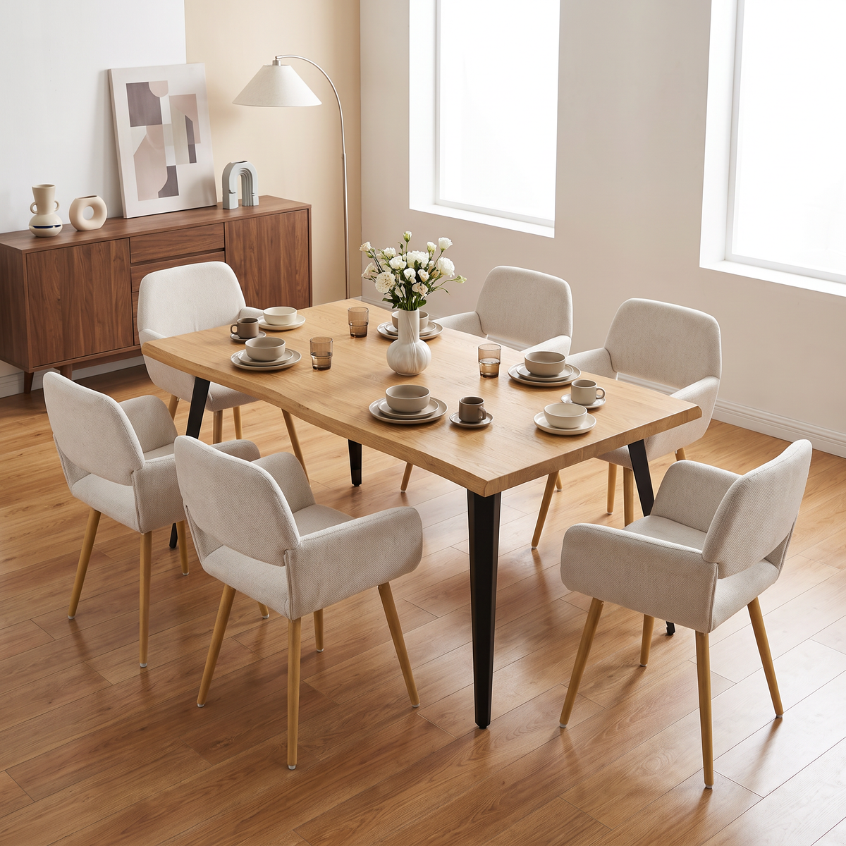 Homy Casa LANCELOT+MAYFAIR 7PC Dining Set 63” Table with 6 Beige Upholstered Chairs Open Box