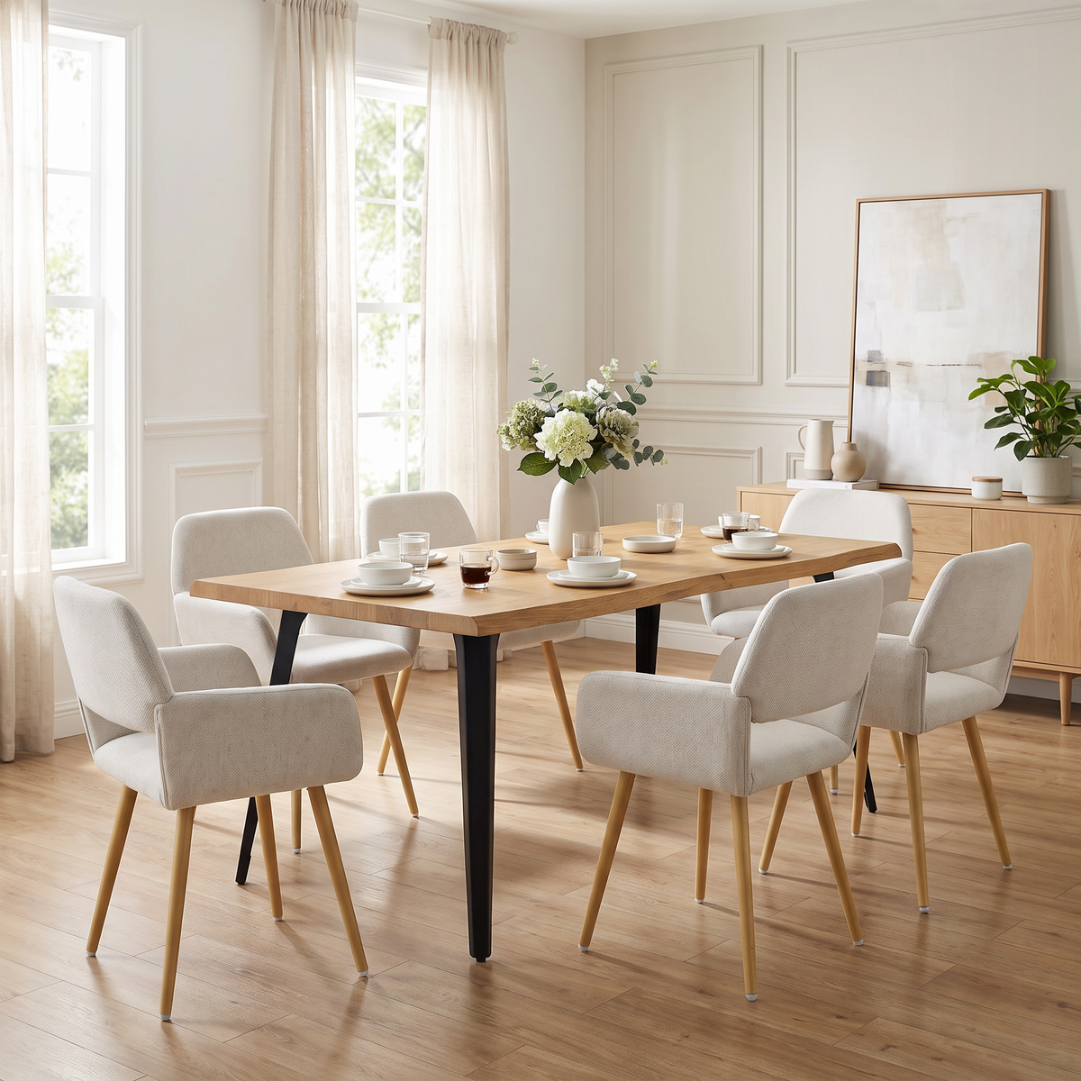 Homy Casa LANCELOT+MAYFAIR 7PC Dining Set 63” Table with 6 Beige Upholstered Chairs Open Box