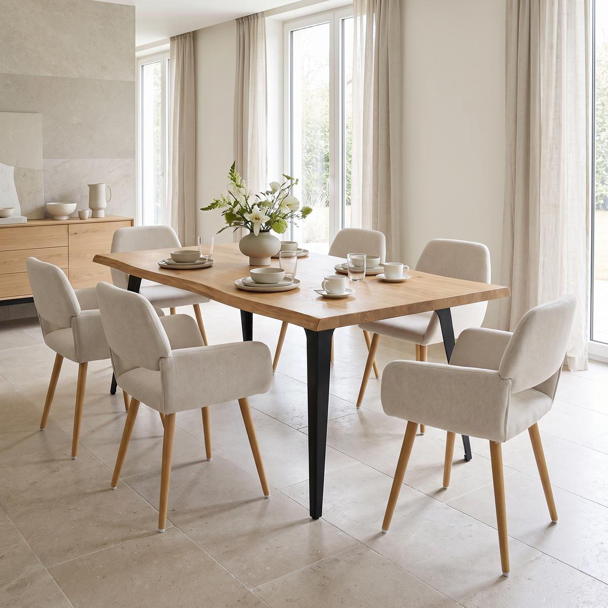 Homy Casa LANCELOT+MAYFAIR 7PC Dining Set 63” Table with 6 Beige Upholstered Chairs Open Box