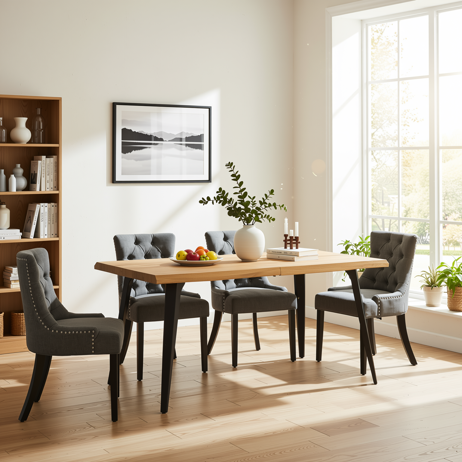 Homy Casa LANCELOT+NUTTON 5PC Dining Set 63" Table with 4 Upholstered Chairs in Charcoal Fabric