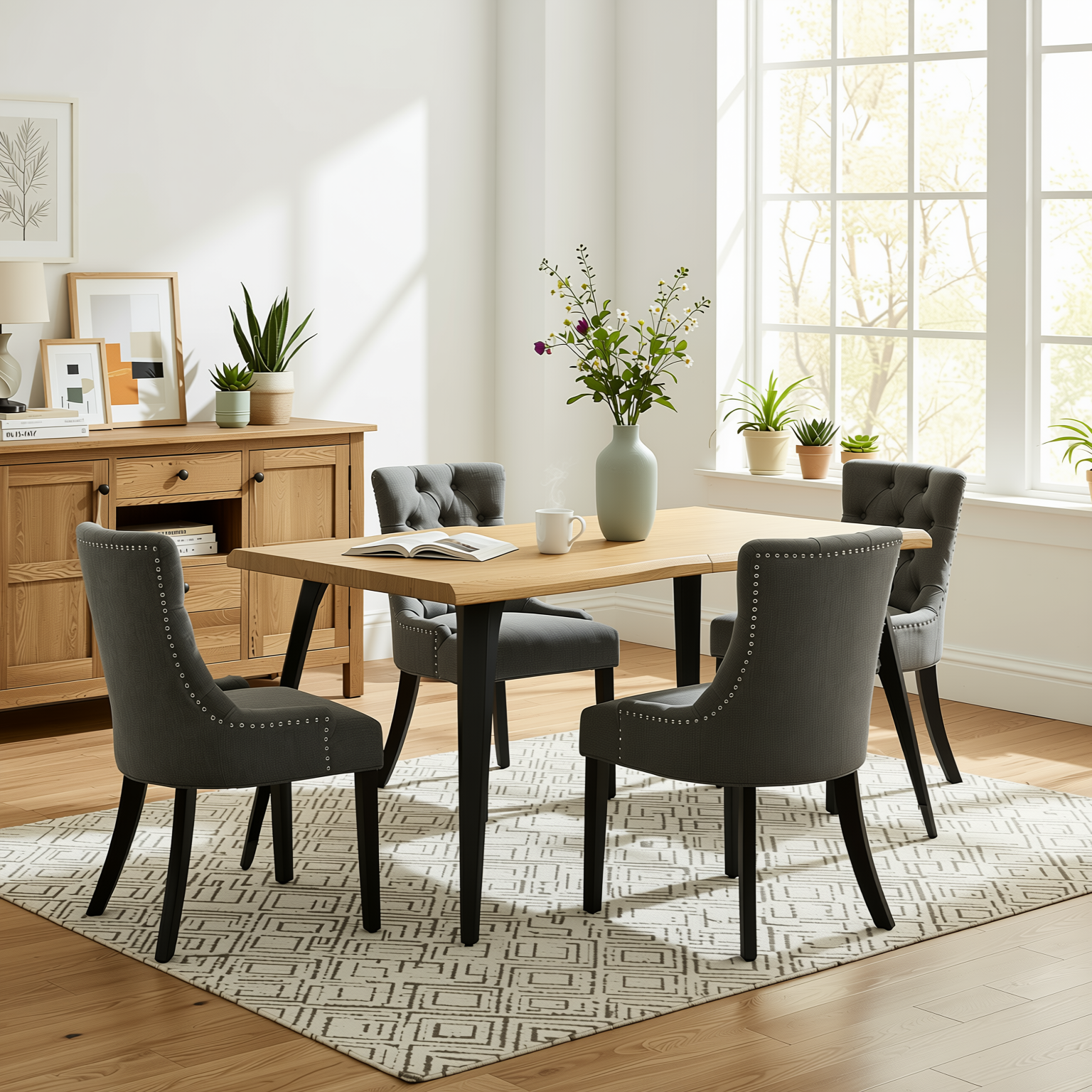 Homy Casa LANCELOT+NUTTON 5PC Dining Set 63" Table with 4 Upholstered Chairs in Charcoal Fabric