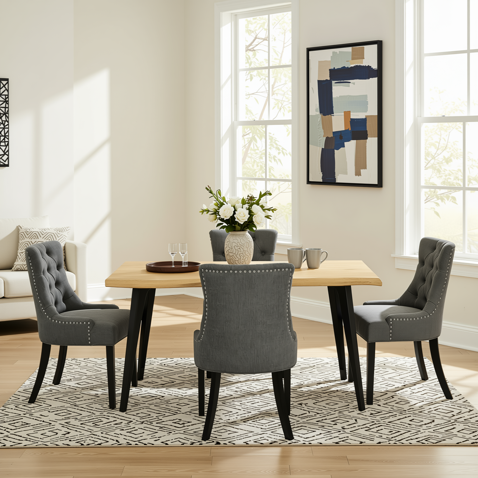 Homy Casa LANCELOT+NUTTON 5PC Dining Set 63" Table with 4 Upholstered Chairs in Charcoal Fabric