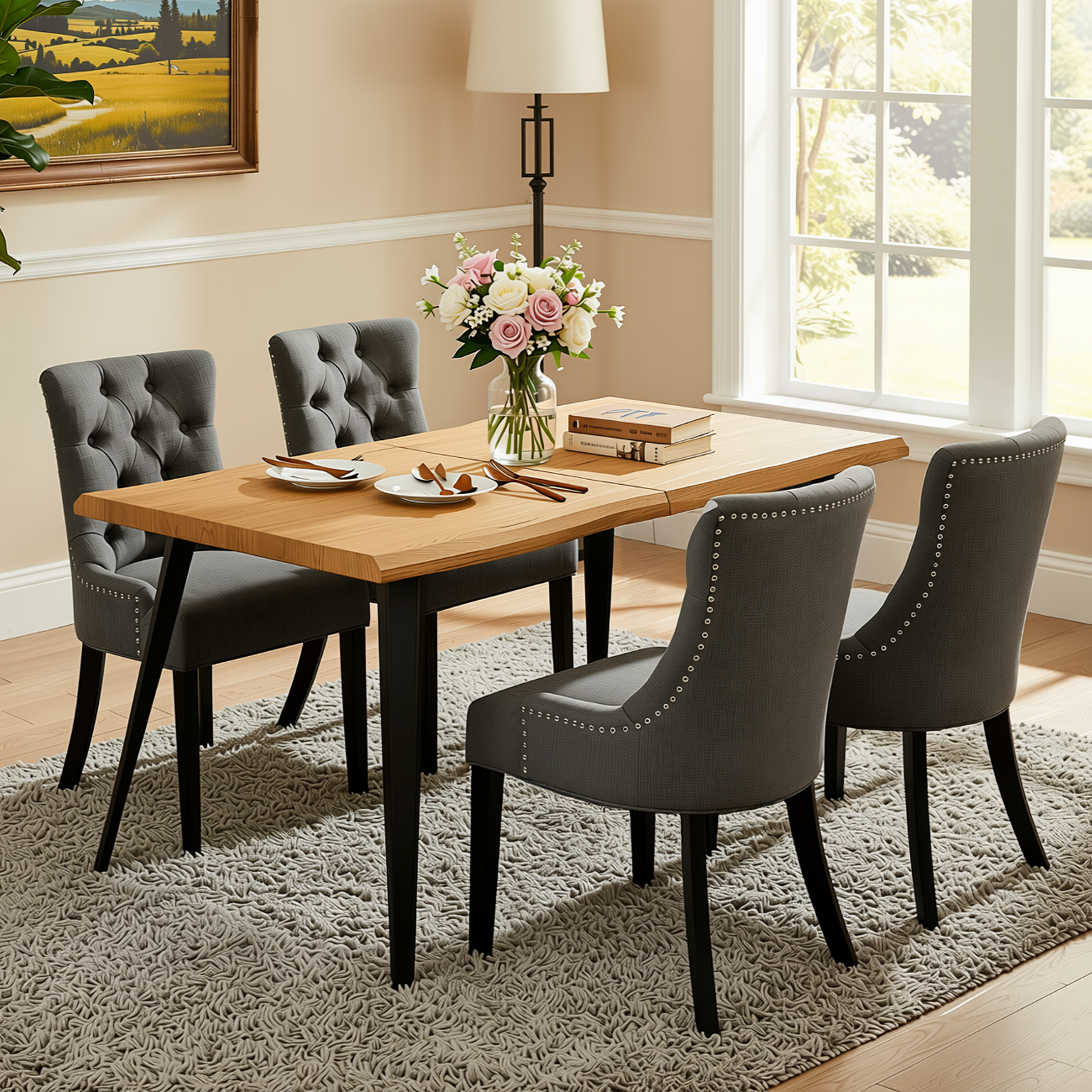 Homy Casa LANCELOT+NUTTON 5PC Dining Set 63" Table with 4 Upholstered Chairs in Charcoal Fabric