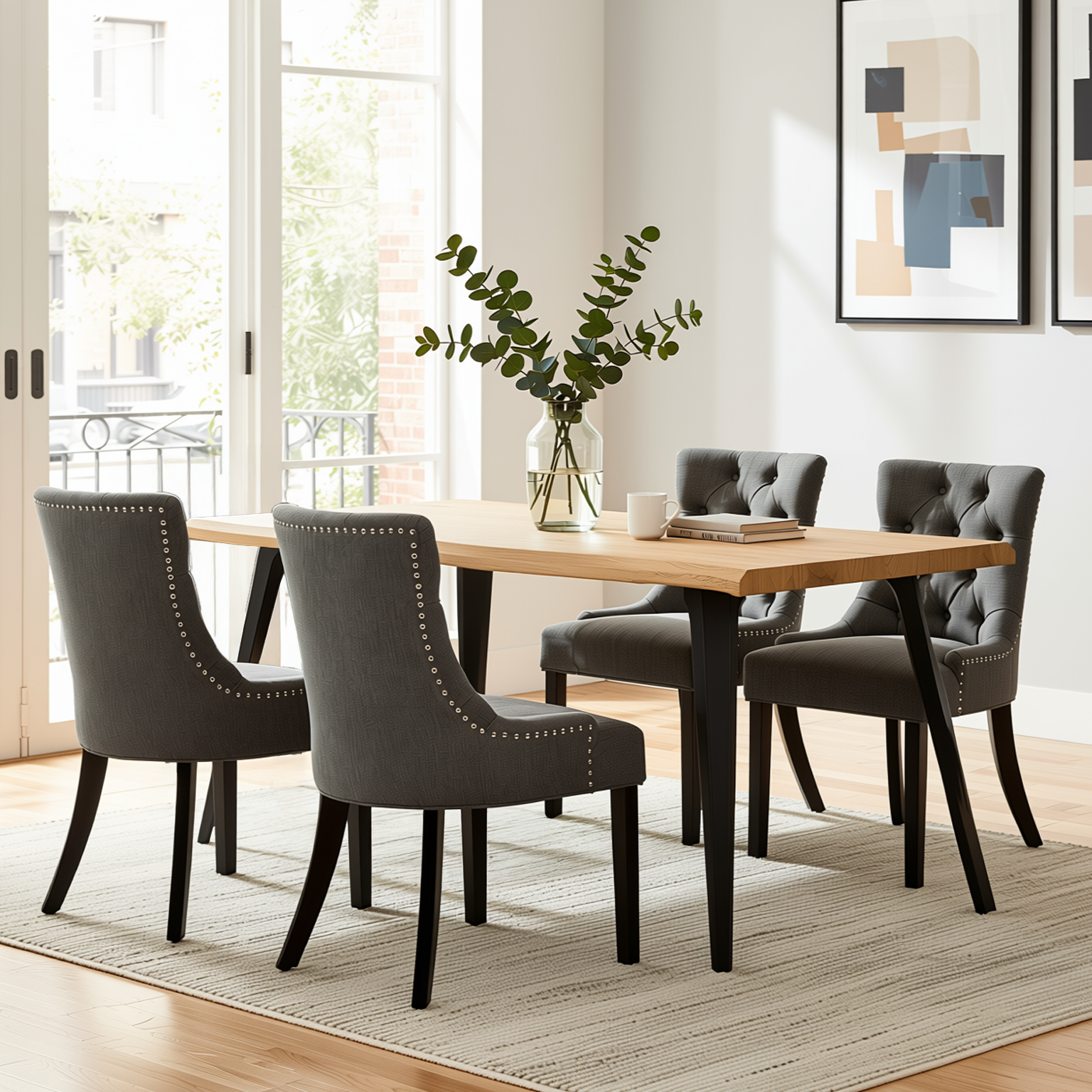 Homy Casa LANCELOT+NUTTON 5PC Dining Set 63" Table with 4 Upholstered Chairs in Charcoal Fabric