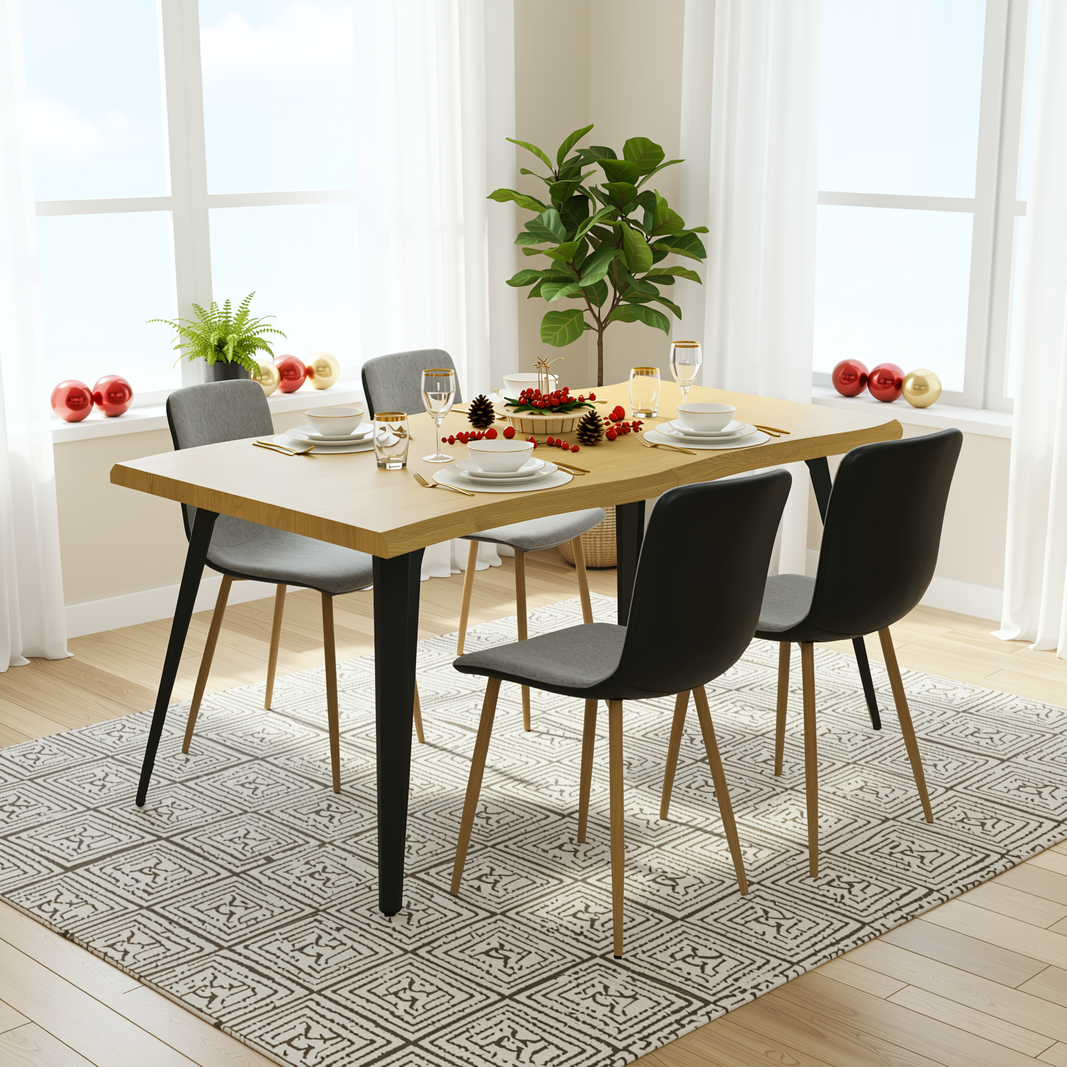 Homy Casa Lancelot 5PC Dining Set 63” Oak Table with 4 Scargill Upholstered Chairs,Grey