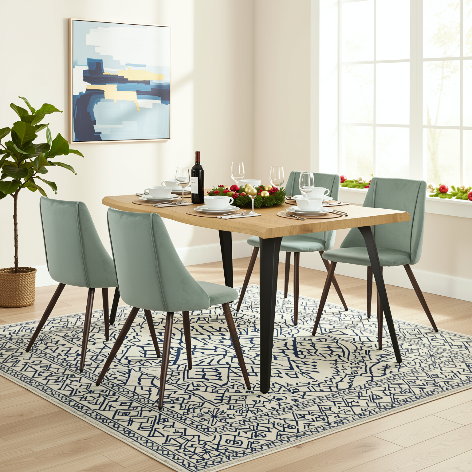 Homy Casa Lancelot 5PC Dining Set 63” Oak Table with 4 Smeg Upholstered Chairs Light Green