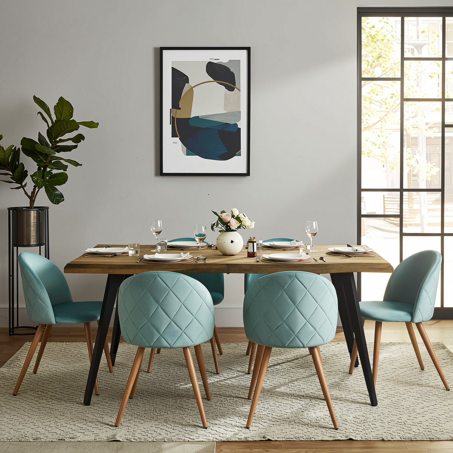 Homy Casa Lancelot 7PC Dining Set 63” Walnut Table with 6 Zomba Velvet Upholstered Chairs in Cactus Green