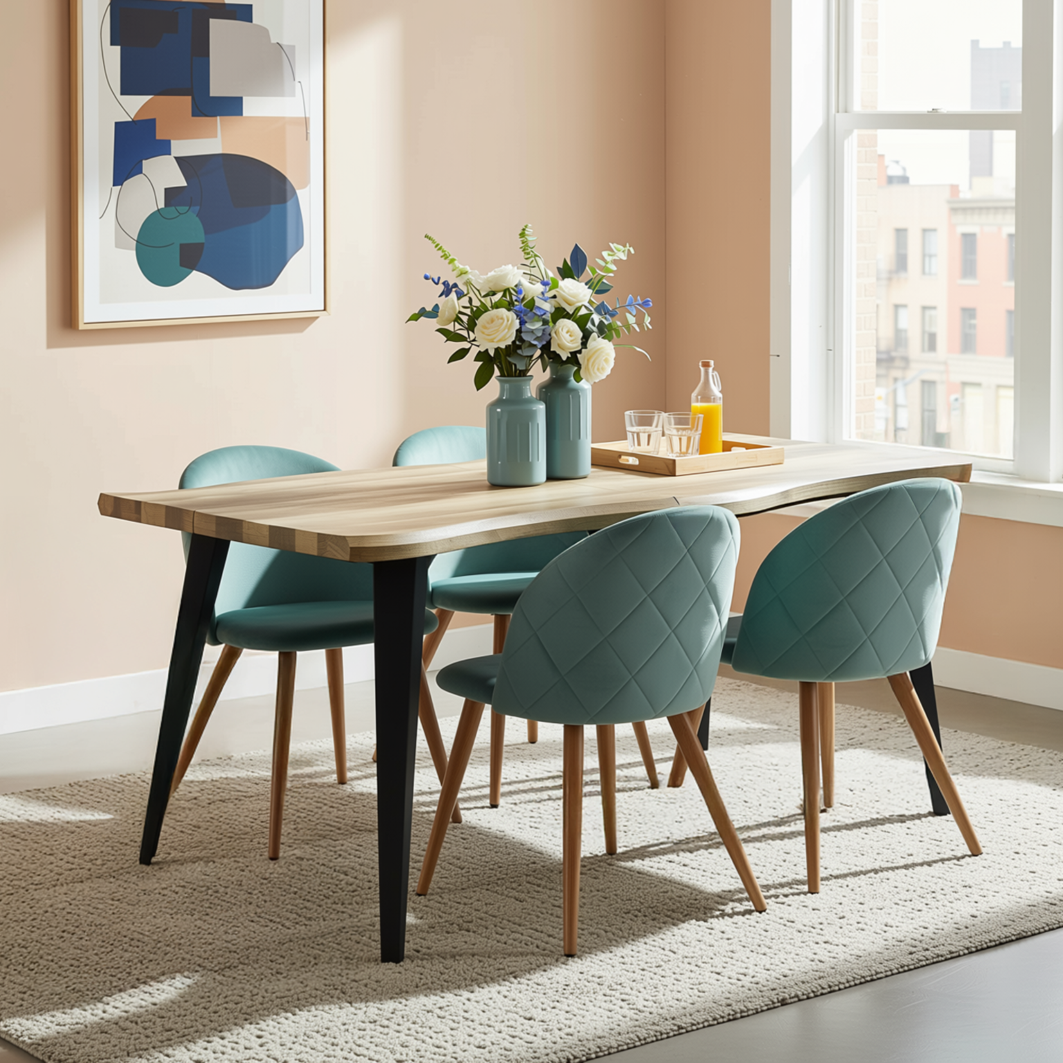Homy Casa Lancelot 5PC Dining Set 63” Walnut Table with 4 Zomba Velvet Upholstered Chairs in Cactus Green