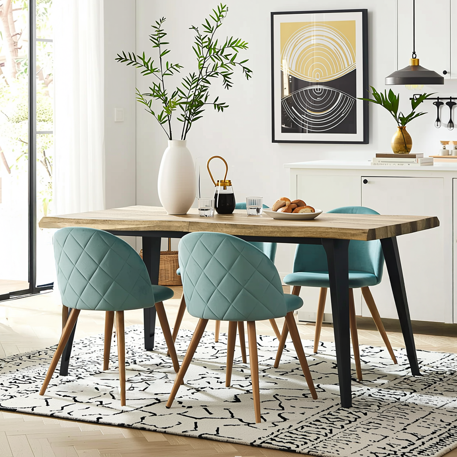 Homy Casa Lancelot 5PC Dining Set 63” Walnut Table with 4 Zomba Velvet Upholstered Chairs in Cactus Green