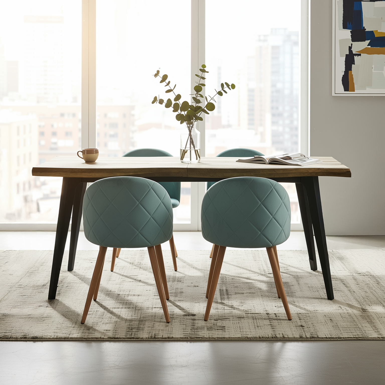 Homy Casa Lancelot 5PC Dining Set 63” Walnut Table with 4 Zomba Velvet Upholstered Chairs in Cactus Green