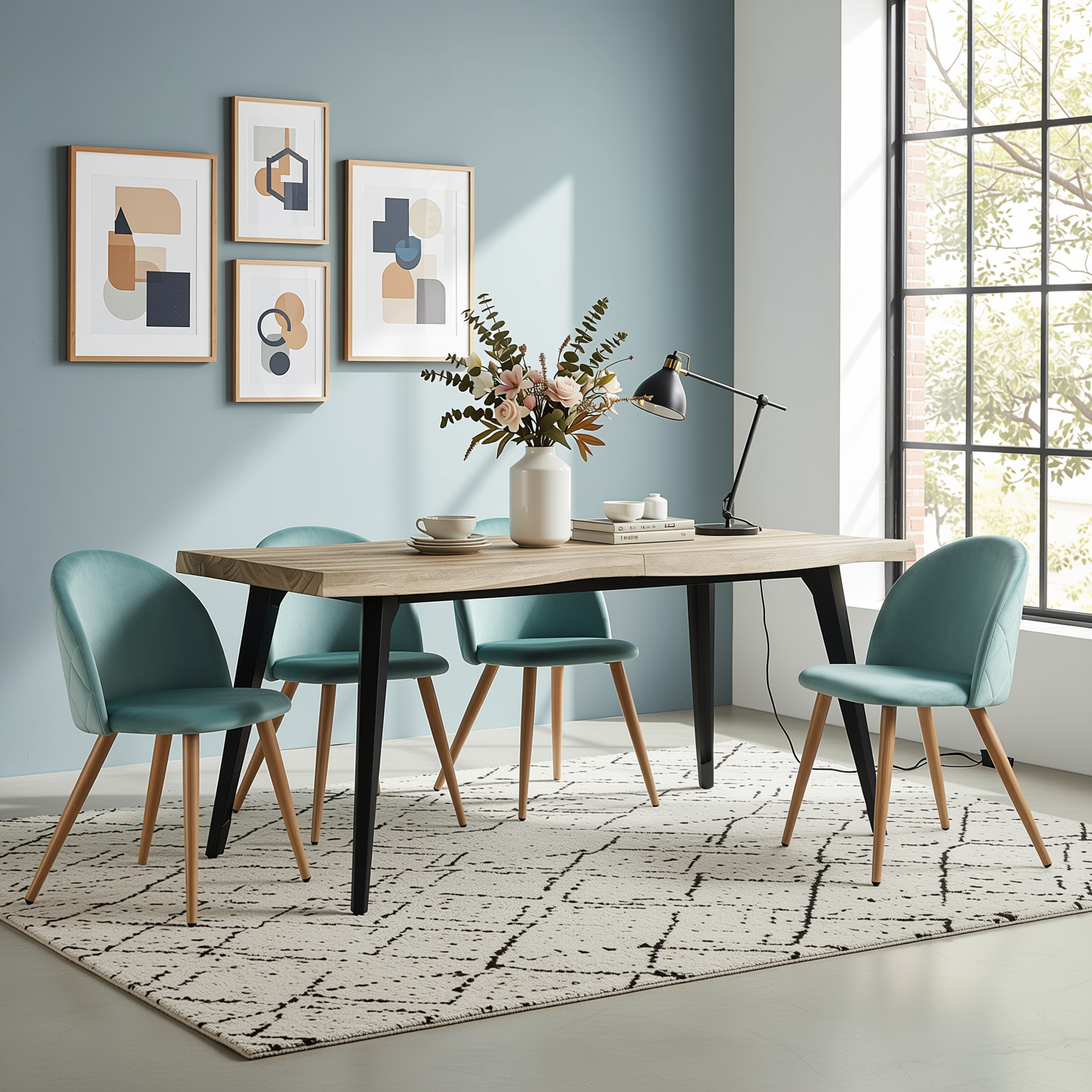 Homy Casa Lancelot 5PC Dining Set 63” Walnut Table with 4 Zomba Velvet Upholstered Chairs in Cactus Green