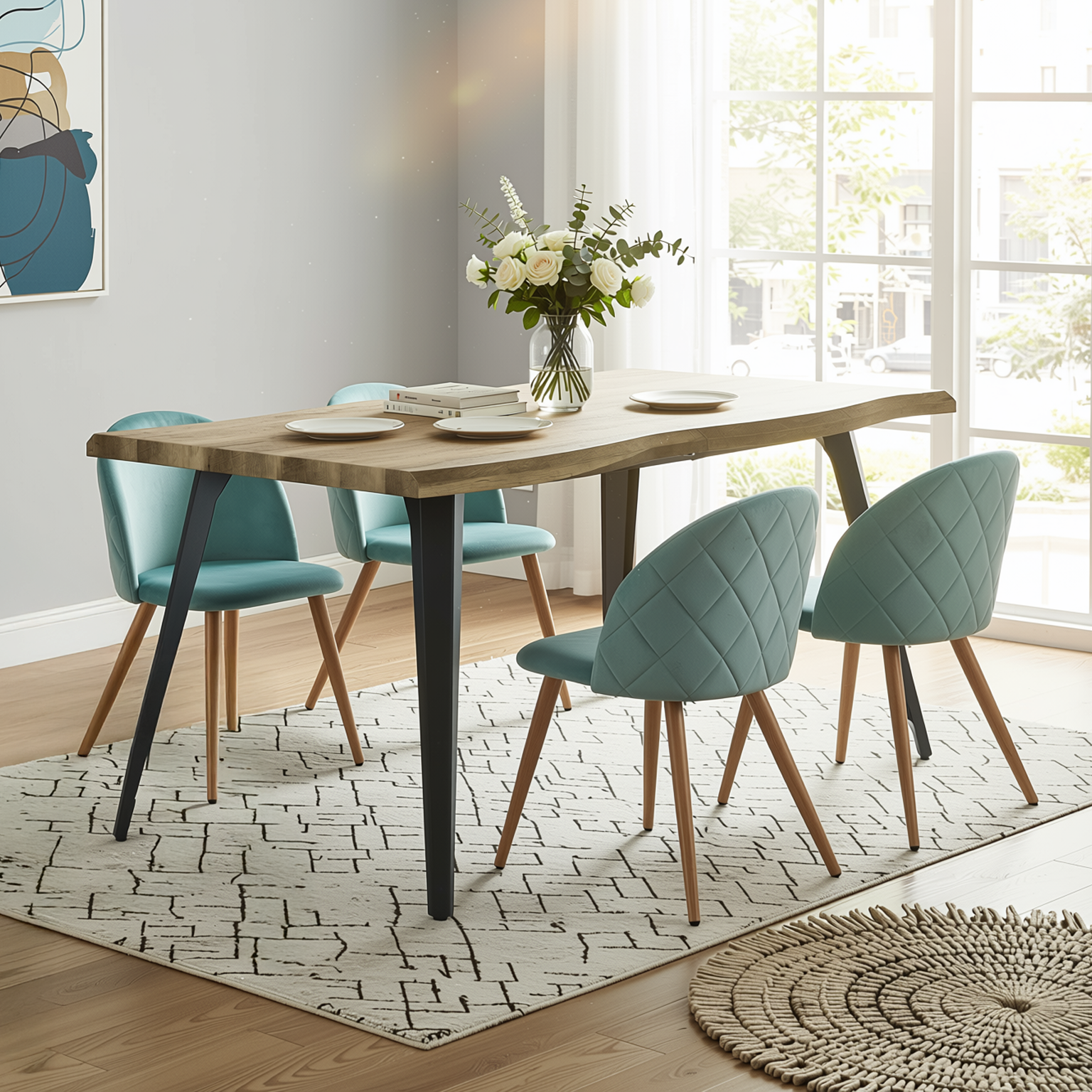 Homy Casa Lancelot 5PC Dining Set 63” Walnut Table with 4 Zomba Velvet Upholstered Chairs in Cactus Green