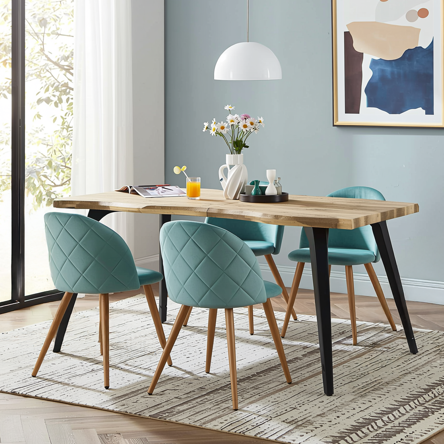 Homy Casa Lancelot 5PC Dining Set 63” Walnut Table with 4 Zomba Velvet Upholstered Chairs in Cactus Green
