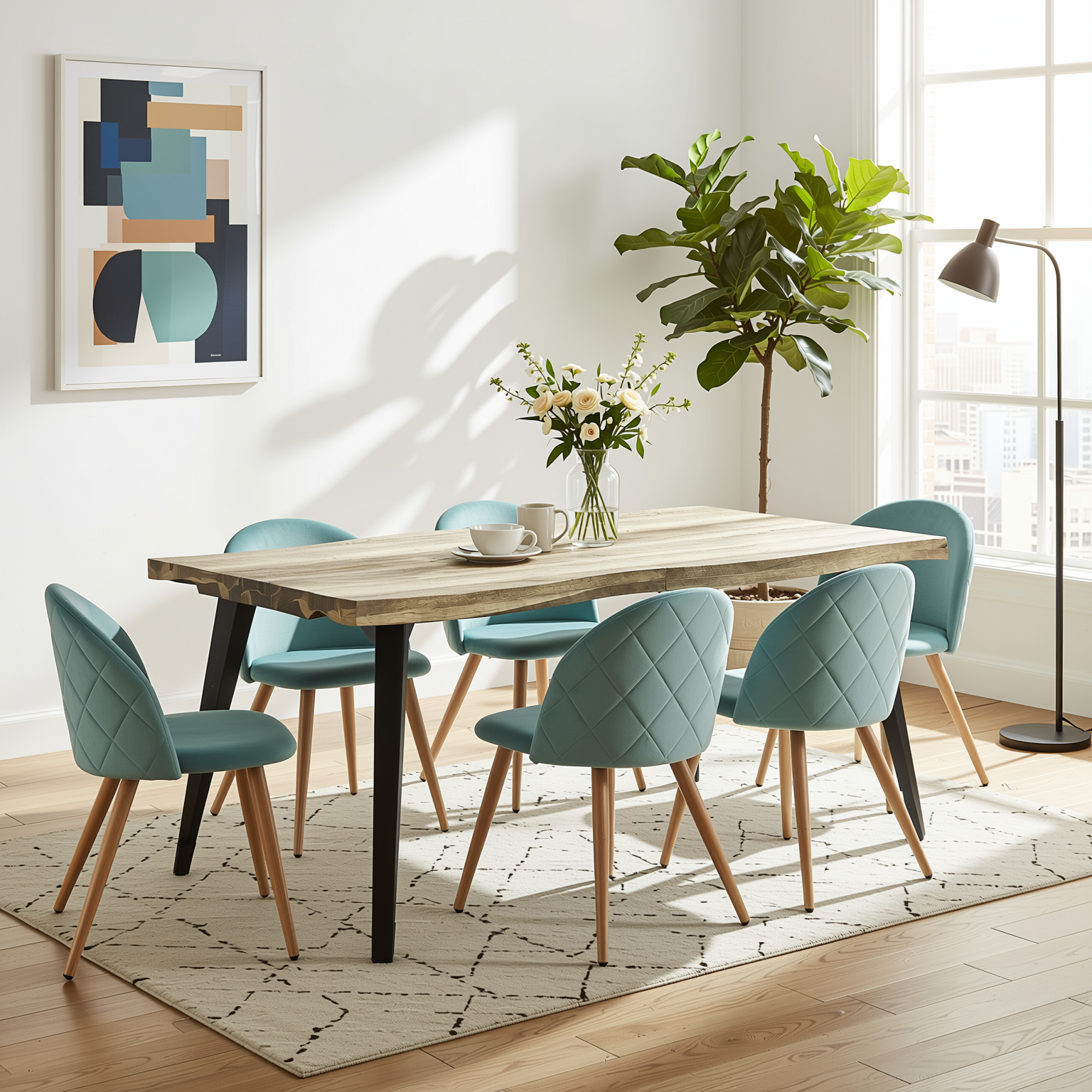 Homy Casa Lancelot 7PC Dining Set 63” Walnut Table with 6 Zomba Velvet Upholstered Chairs in Cactus Green