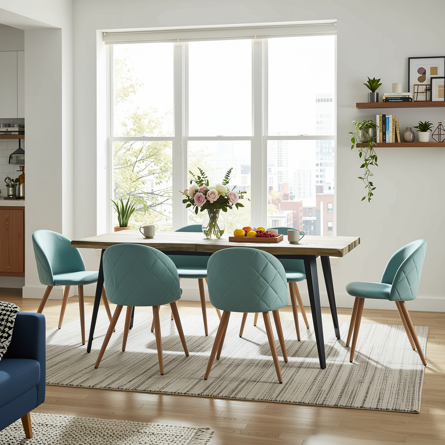 Homy Casa Lancelot 7PC Dining Set 63” Walnut Table with 6 Zomba Velvet Upholstered Chairs in Cactus Green