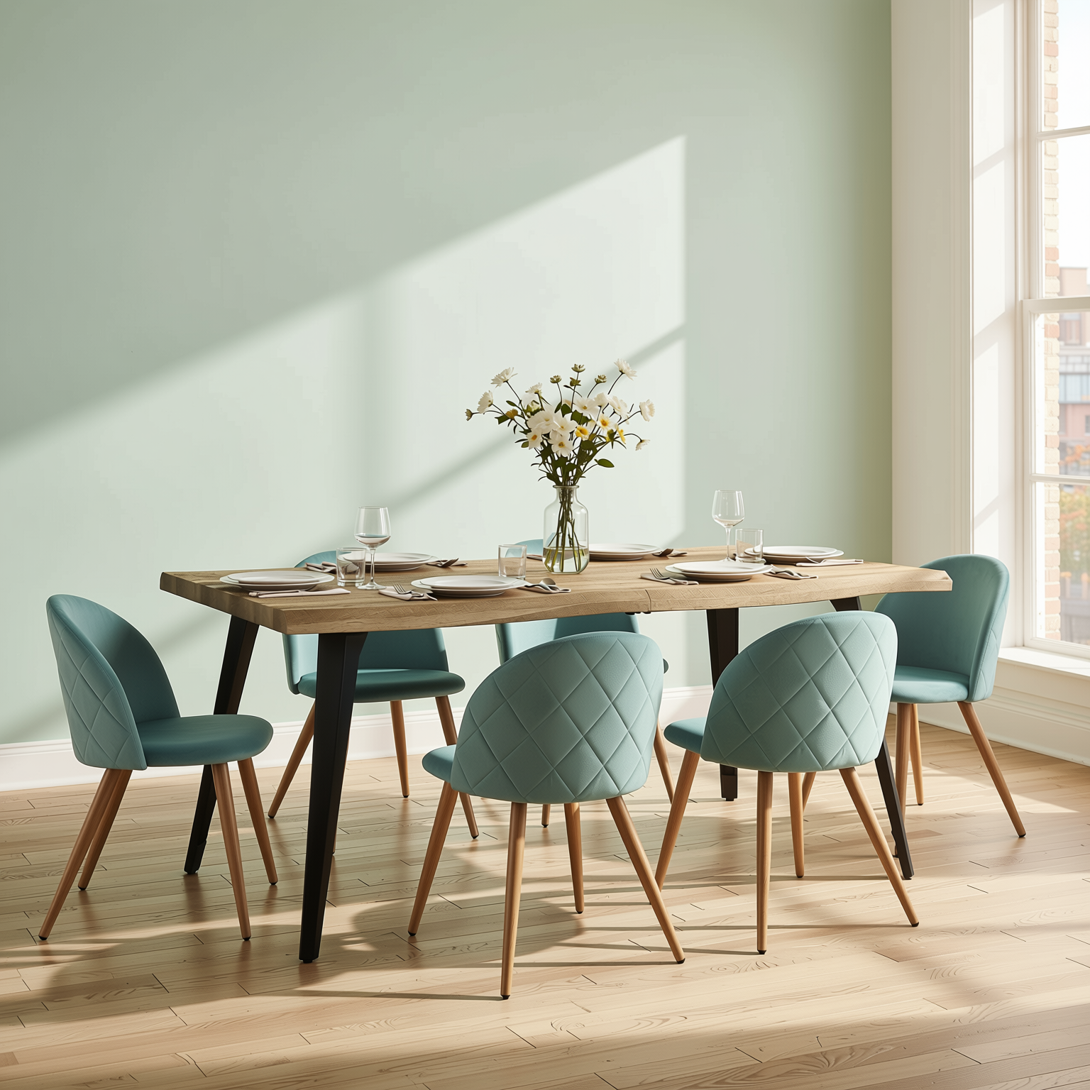 Homy Casa Lancelot 7PC Dining Set 63” Walnut Table with 6 Zomba Velvet Upholstered Chairs in Cactus Green