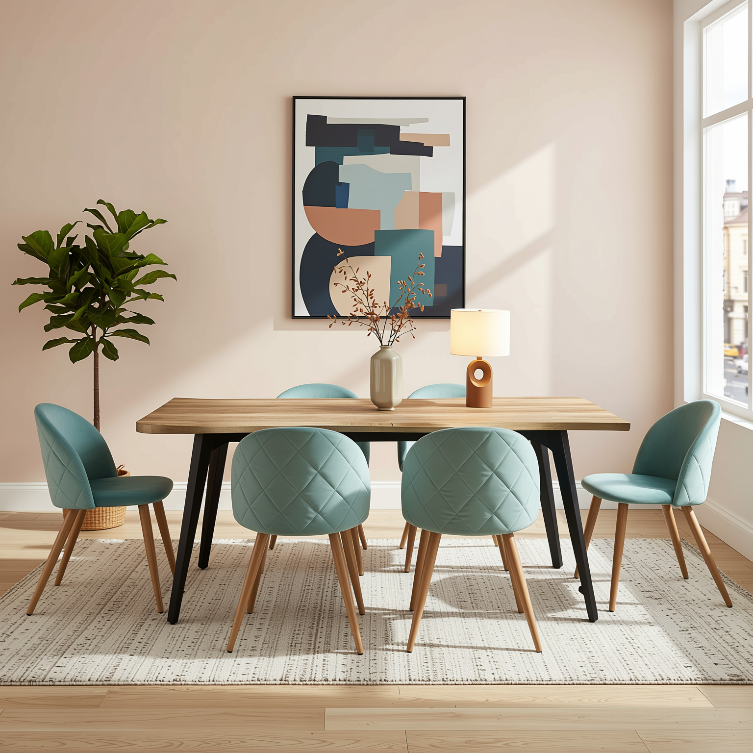 Homy Casa Lancelot 7PC Dining Set 63” Walnut Table with 6 Zomba Velvet Upholstered Chairs in Cactus Green