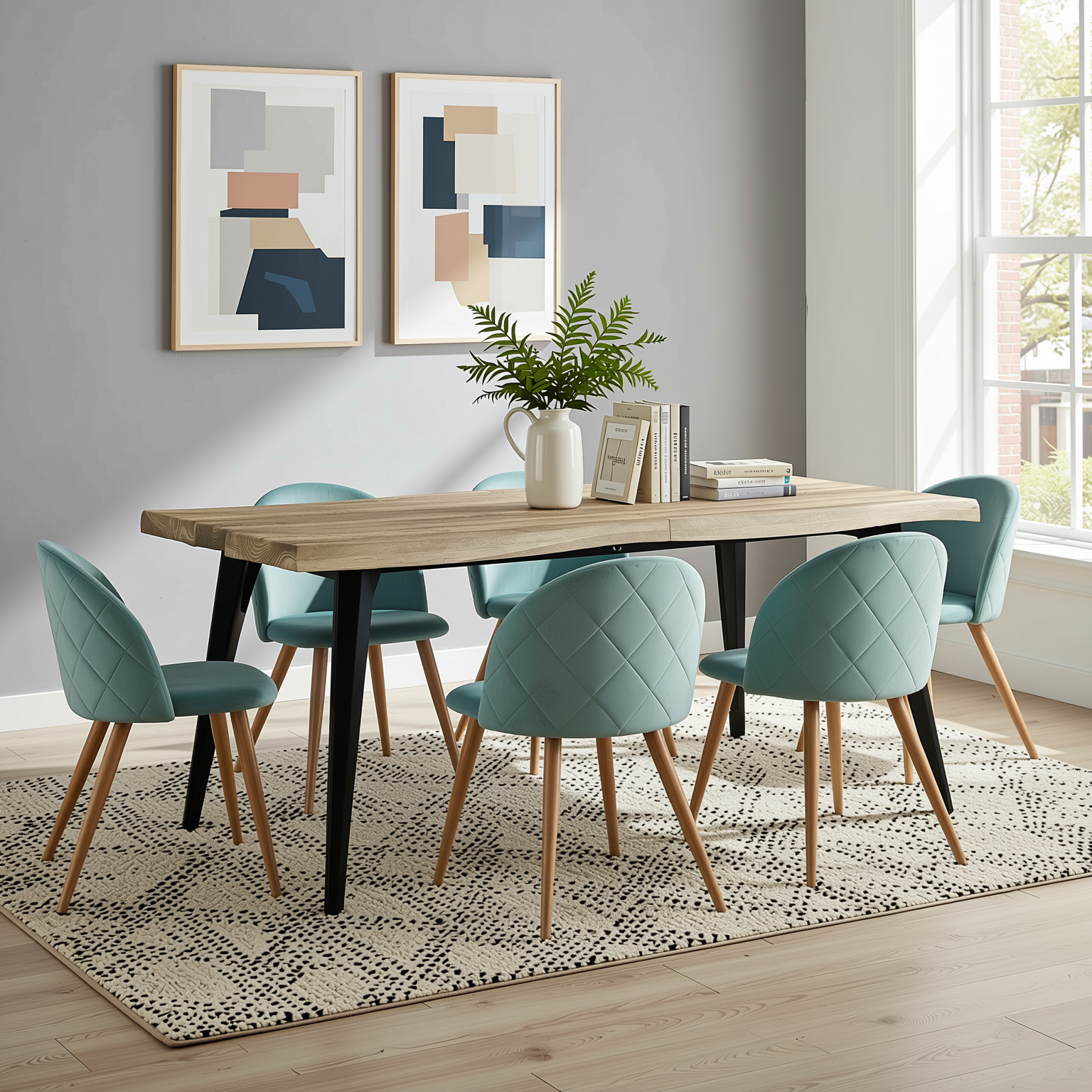 Homy Casa Lancelot 7PC Dining Set 63” Walnut Table with 6 Zomba Velvet Upholstered Chairs in Cactus Green