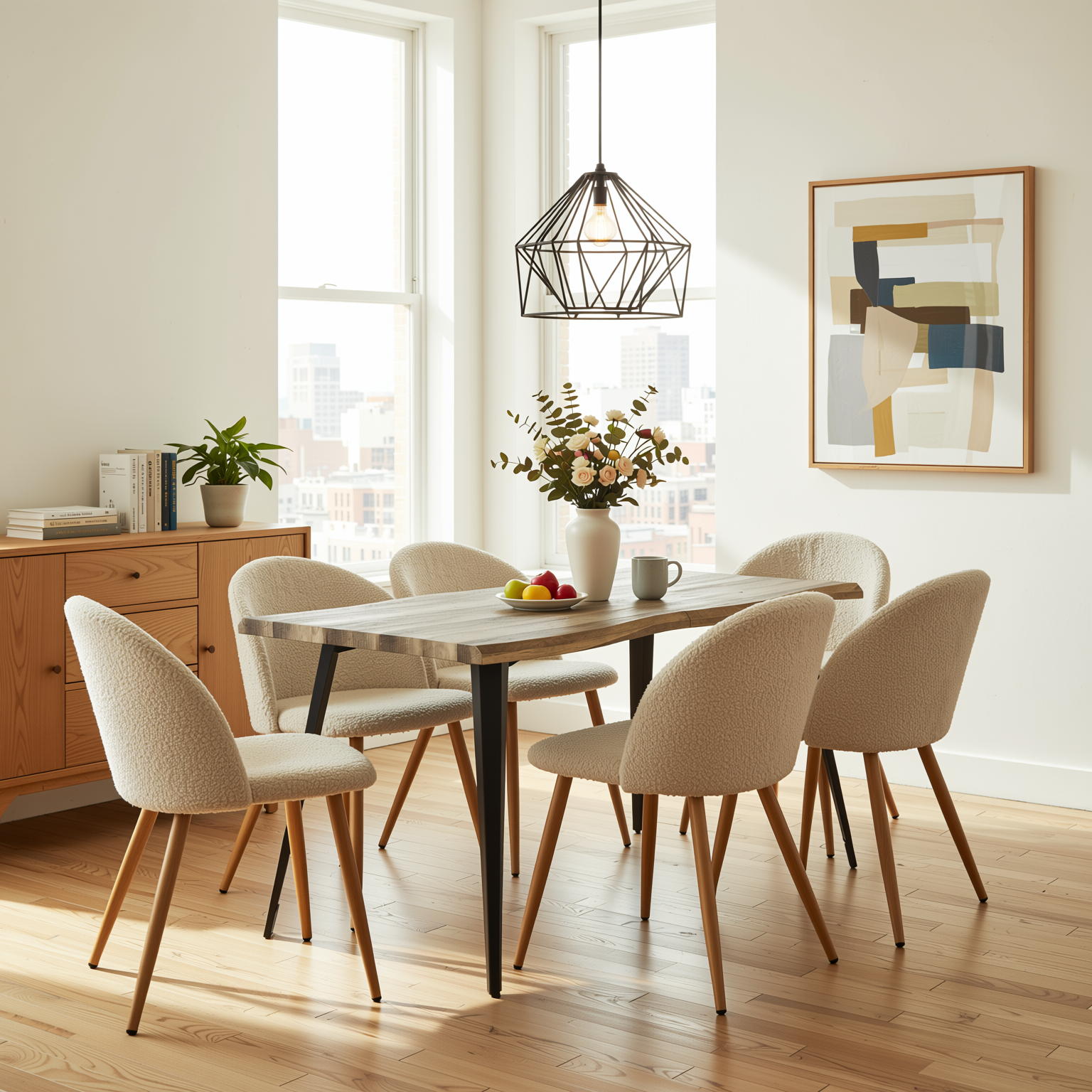 Homy Casa Lancelot 7PC Dining Set 63” Walnut Table with 6 Zomba Beige Upholstered Chairs