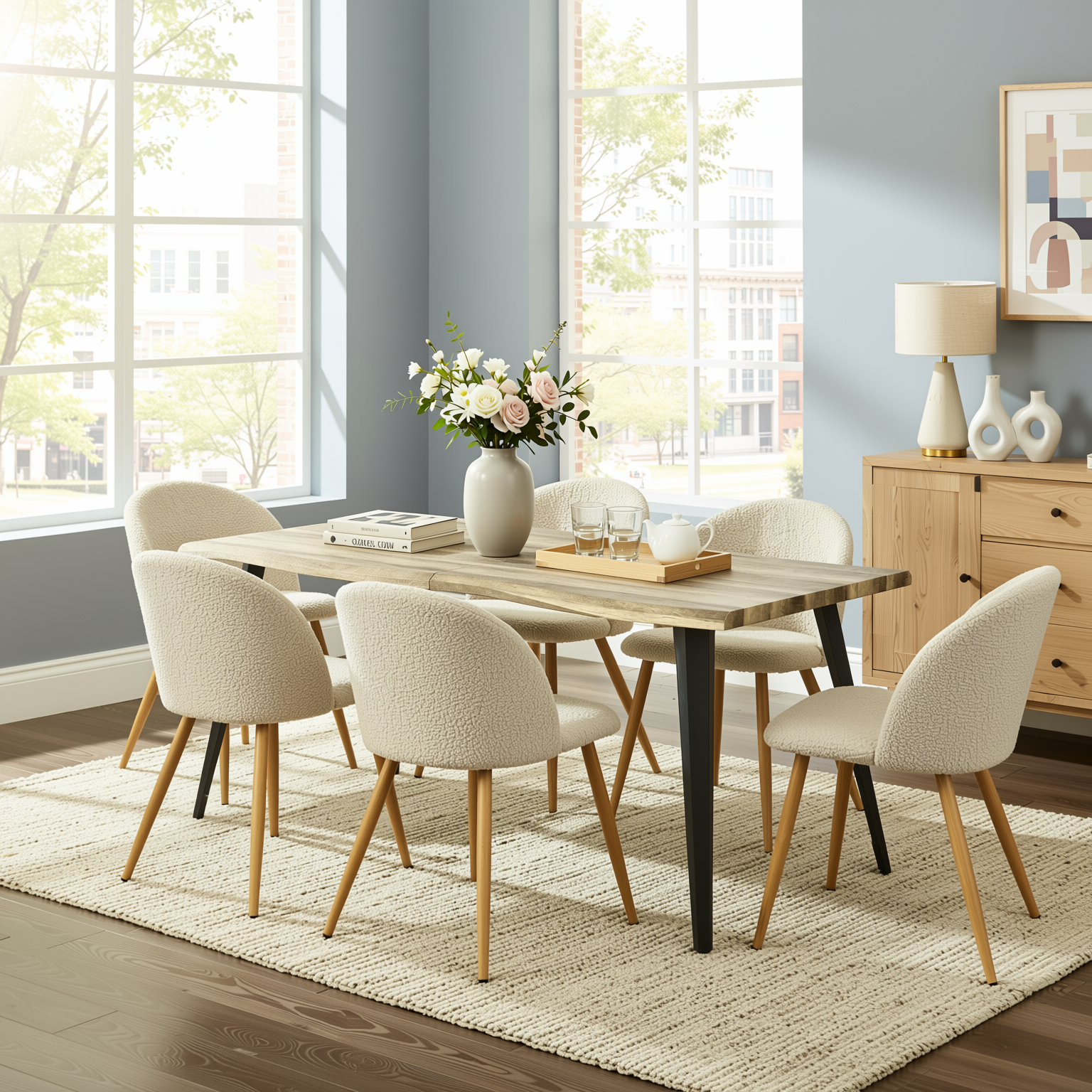 Homy Casa Lancelot 7PC Dining Set 63” Walnut Table with 6 Zomba Beige Upholstered Chairs