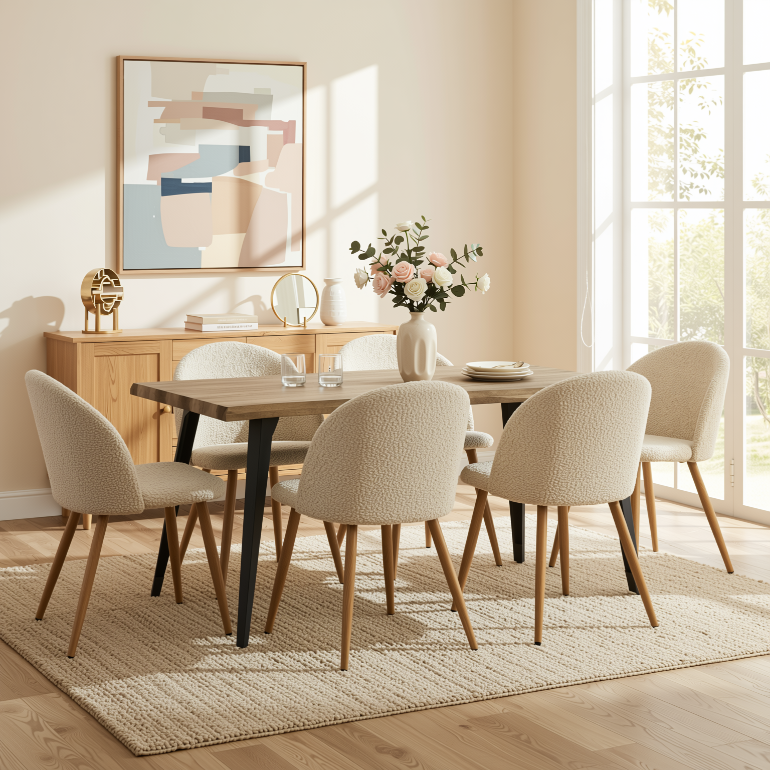 Homy Casa Lancelot 7PC Dining Set 63” Walnut Table with 6 Zomba Beige Upholstered Chairs