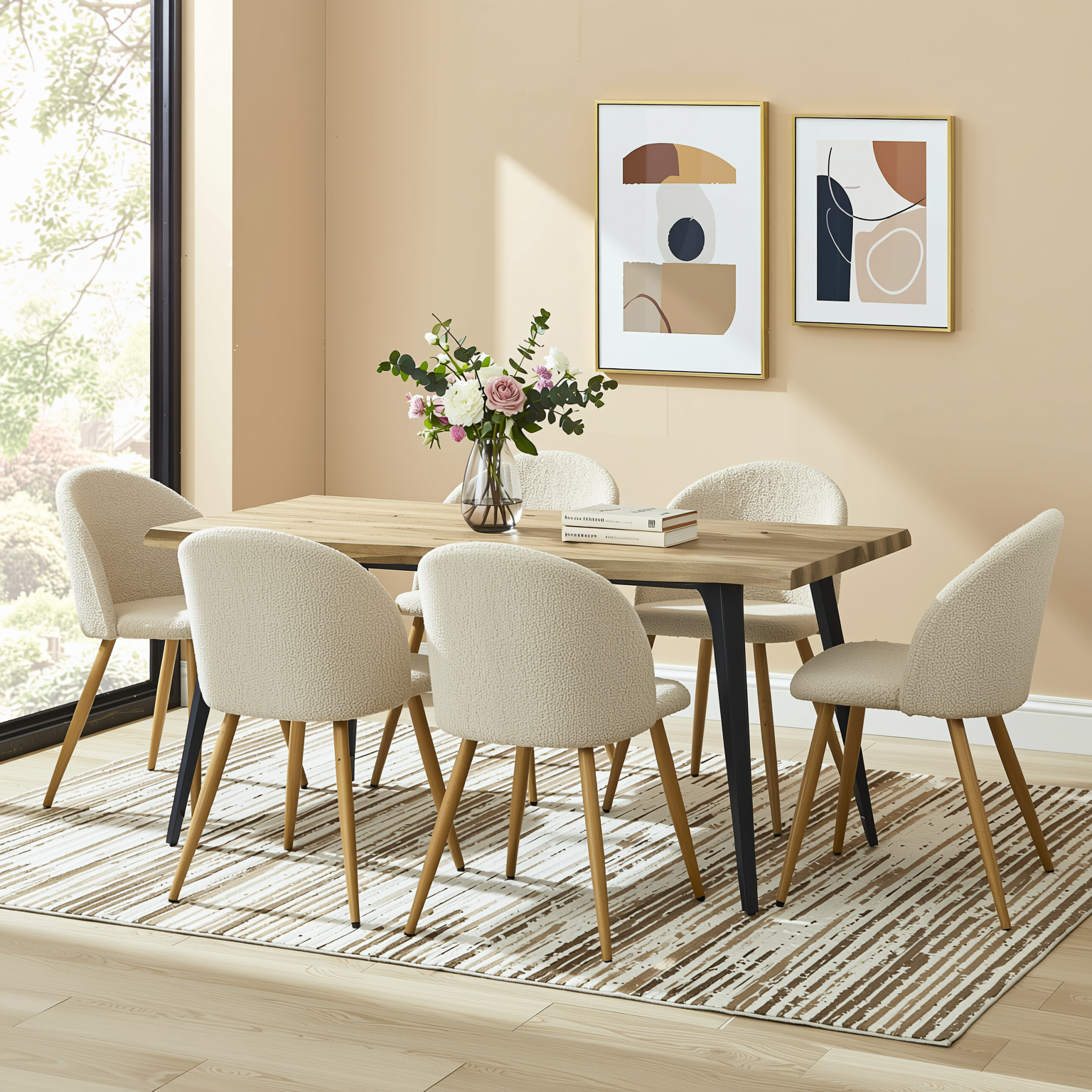 Homy Casa Lancelot 7PC Dining Set 63” Walnut Table with 6 Zomba Beige Upholstered Chairs