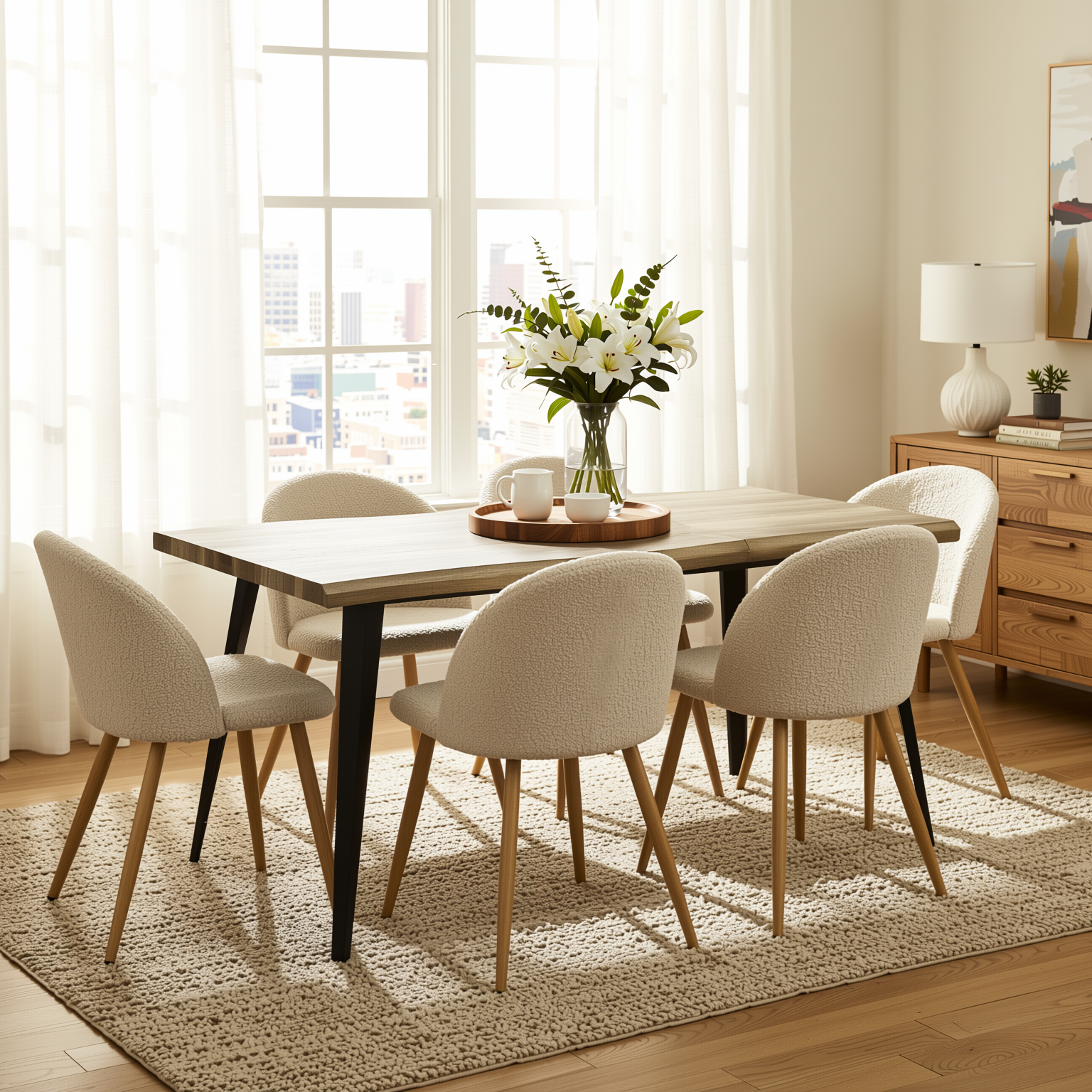 Homy Casa Lancelot 7PC Dining Set 63” Walnut Table with 6 Zomba Beige Upholstered Chairs