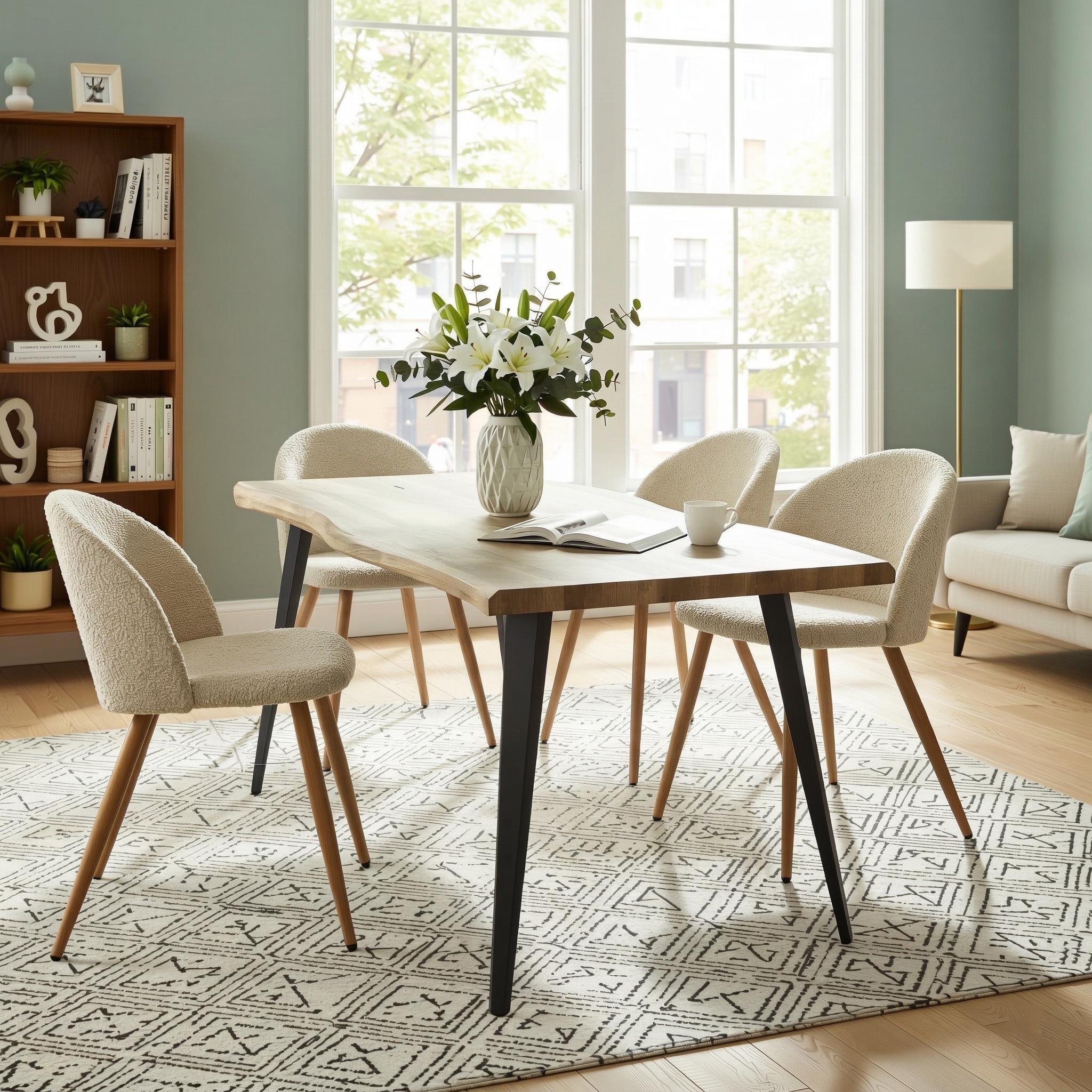 Homy Casa Lancelot 5PC Dining Set 63” Walnut Table with 4 Zomba Fleece Beige Upholstered Chairs