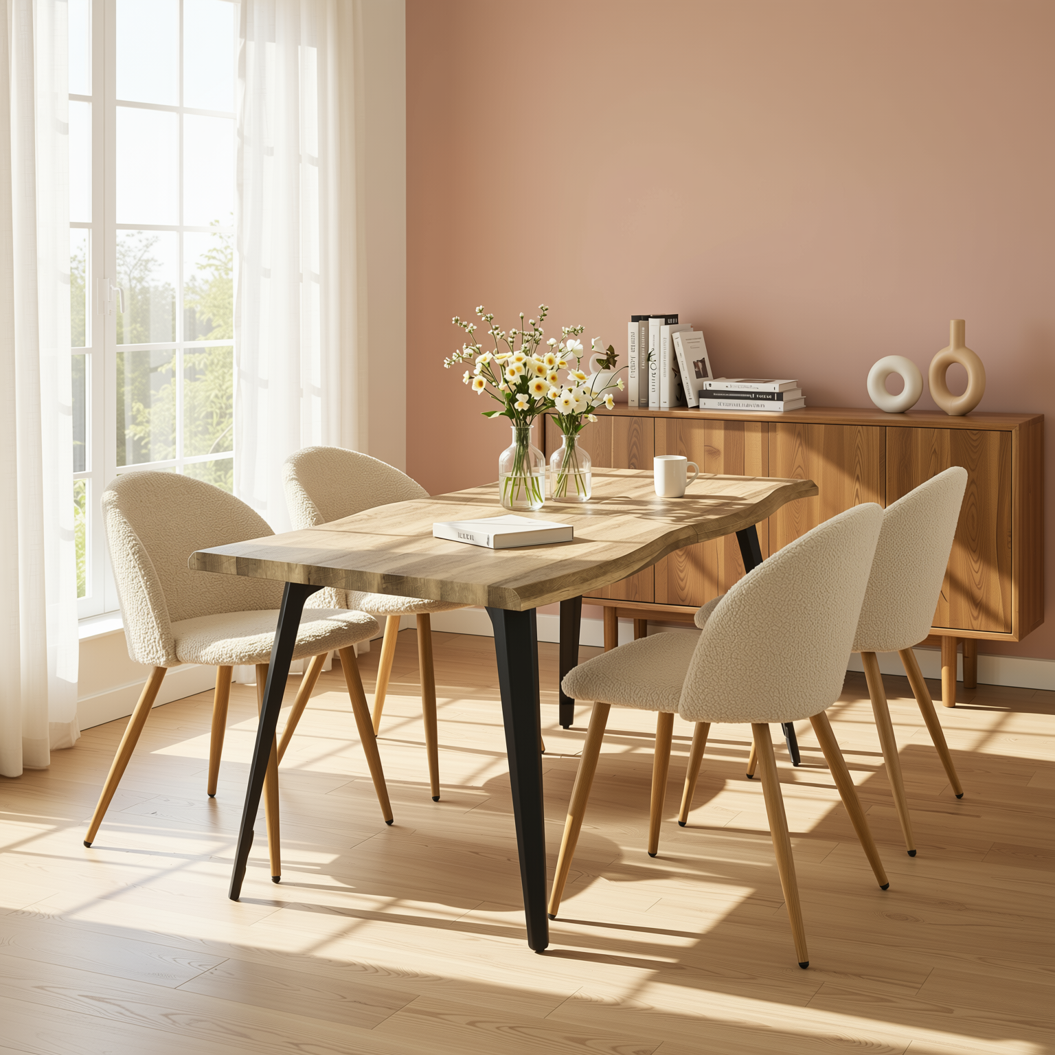 Homy Casa Lancelot 5PC Dining Set 63” Walnut Table with 4 Zomba Fleece Beige Upholstered Chairs