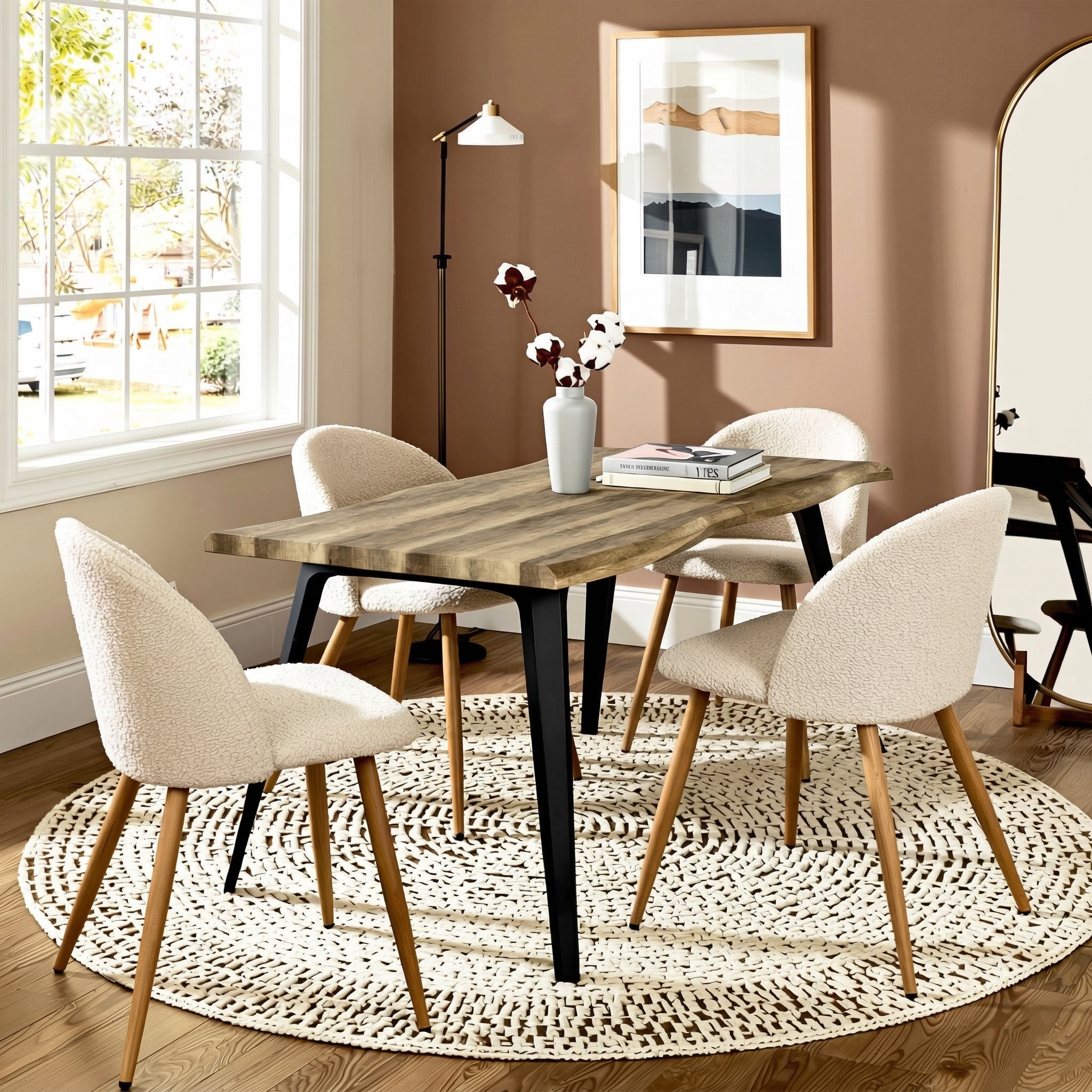 Homy Casa Lancelot 5PC Dining Set 63” Walnut Table with 4 Zomba Fleece Beige Upholstered Chairs