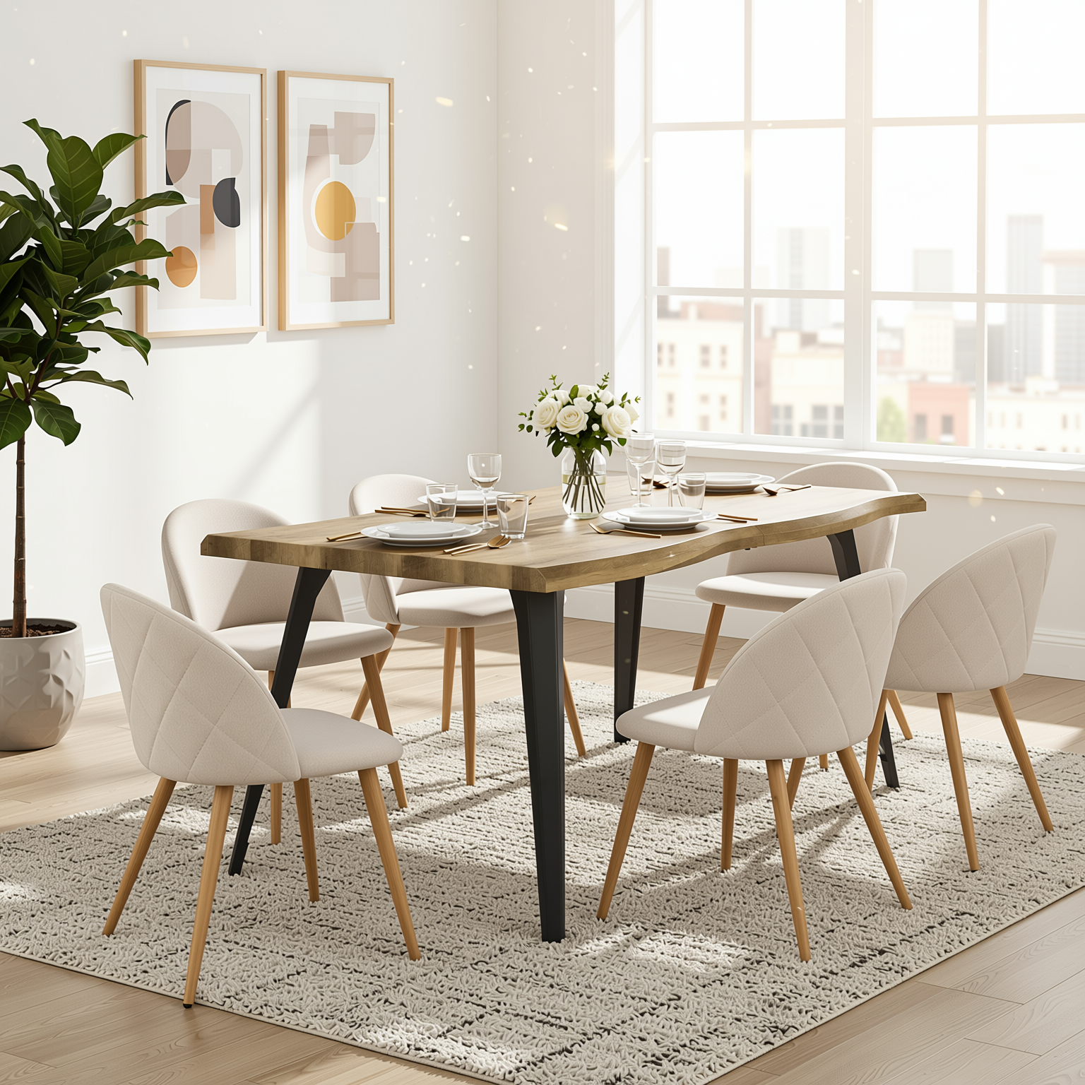 Homy Casa Lancelot 7PC Dining Set 63” Walnut Table with 6 Zomba Beige Upholstered Chairs