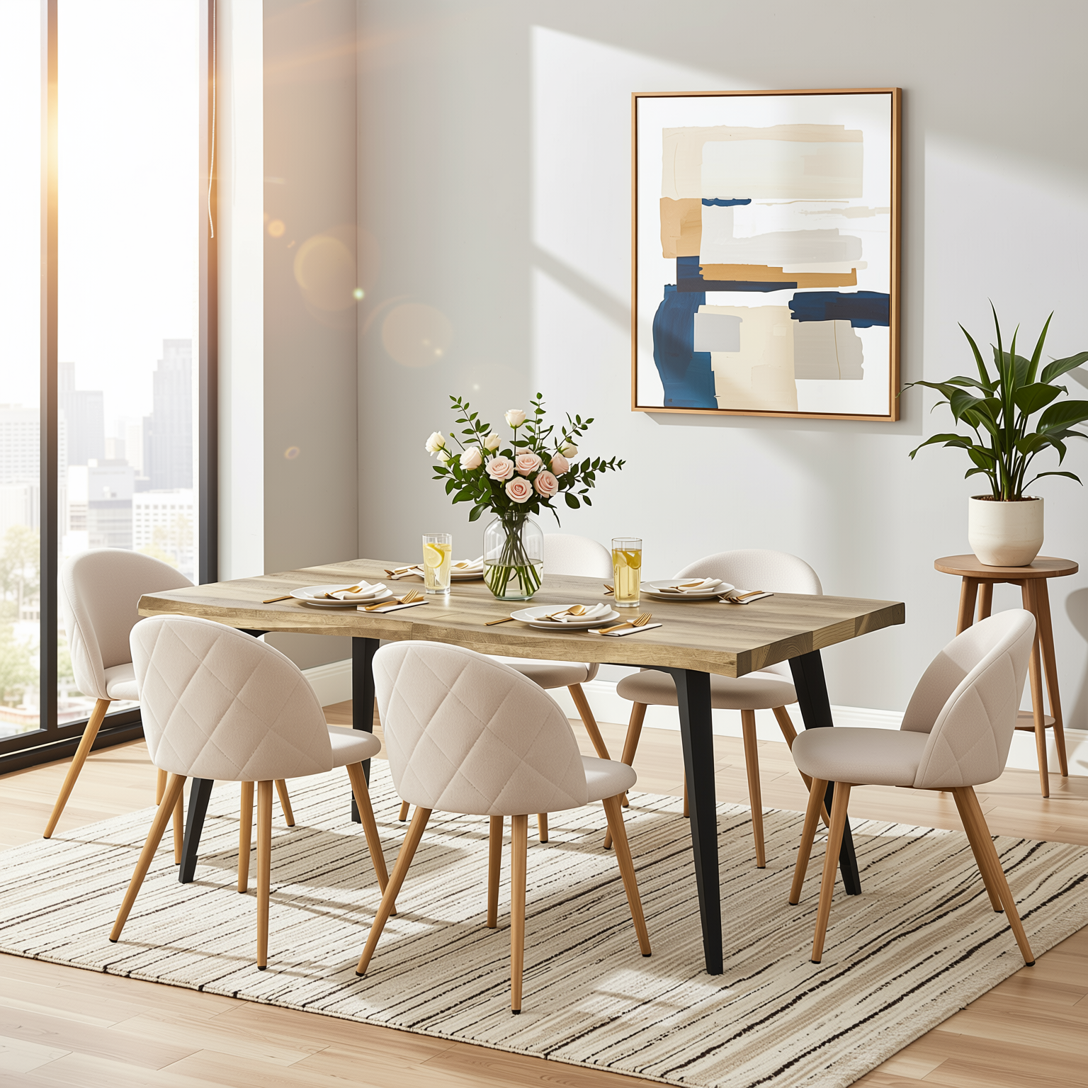 Homy Casa Lancelot 7PC Dining Set 63” Walnut Table with 6 Zomba Beige Upholstered Chairs