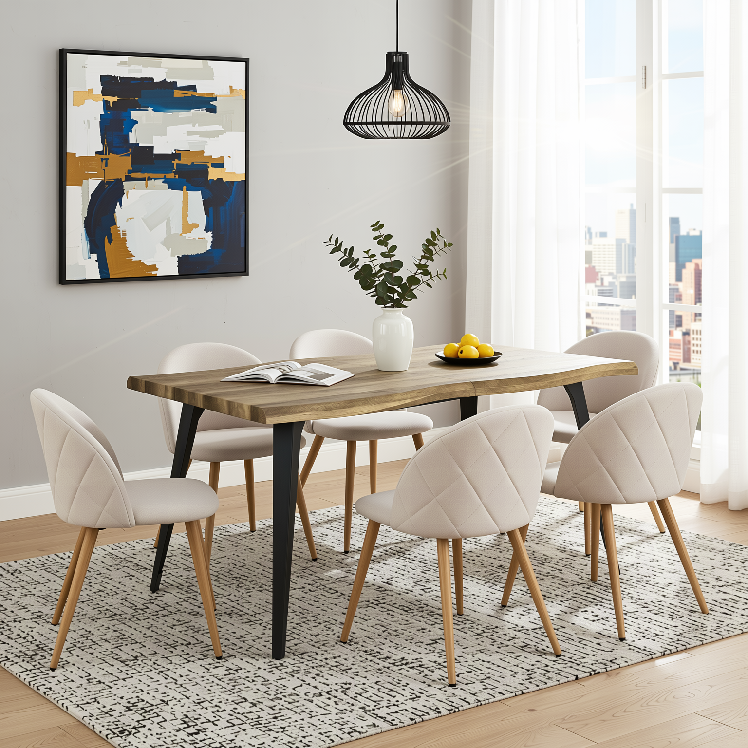 Homy Casa Lancelot 7PC Dining Set 63” Walnut Table with 6 Zomba Beige Upholstered Chairs